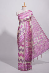 Purple color tussar saree body chevron prints floral motifs and printed pallu along with matching blouse