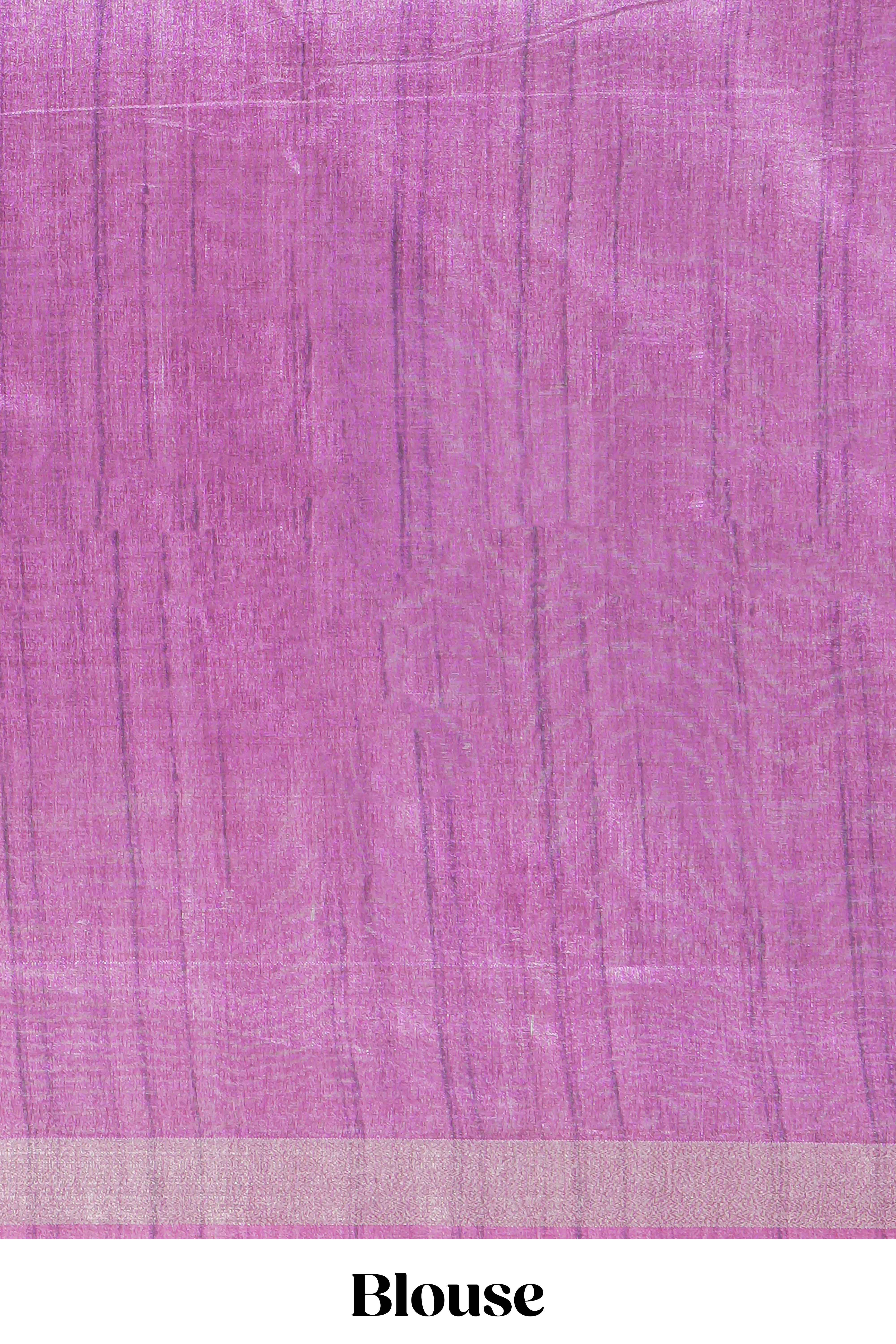 Purple color tussar saree body chevron prints floral motifs and printed pallu along with matching blouse