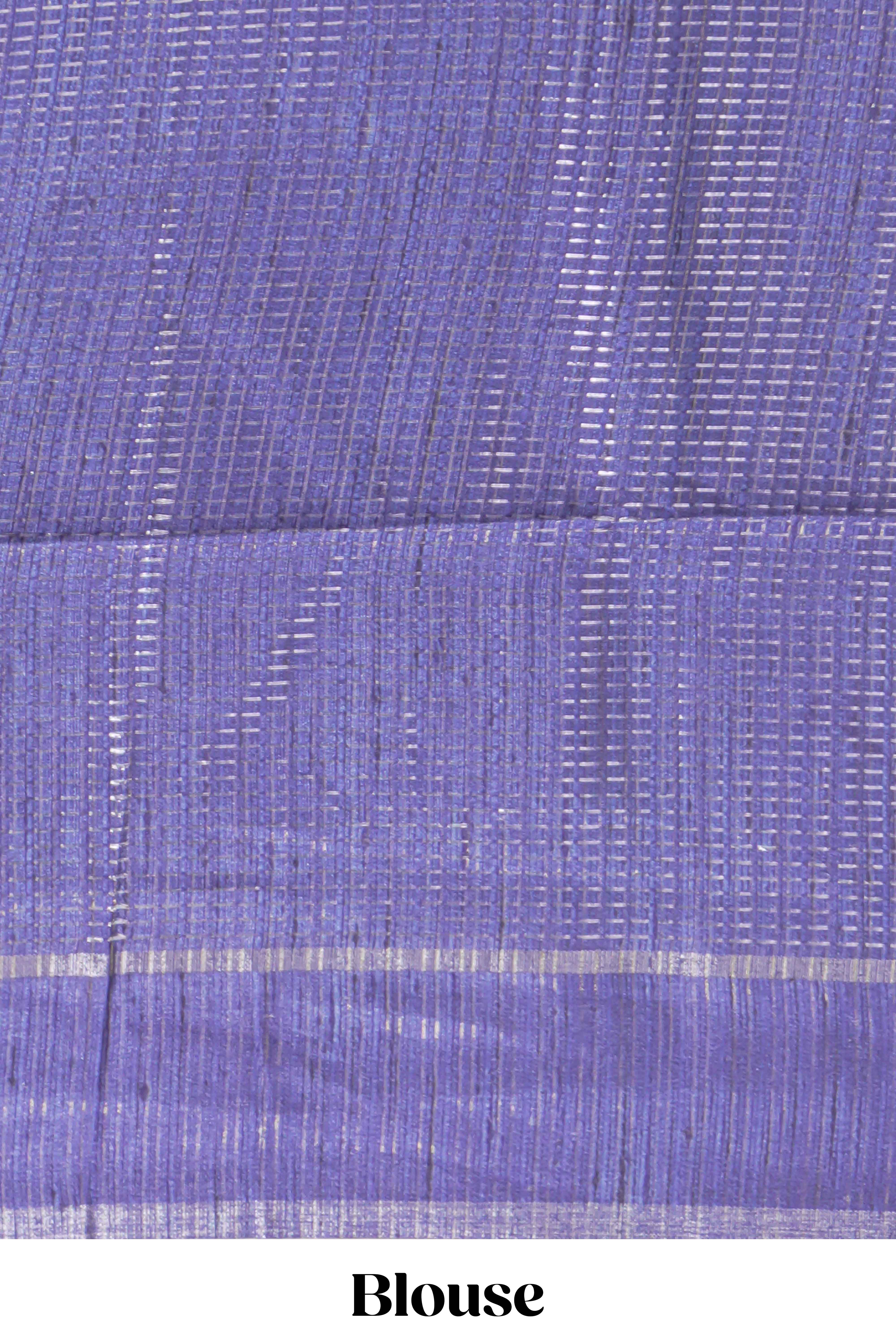 Aqua blue tussar saree with woven checks by rich purple border and matching zari woven palluwith matching blouse piece