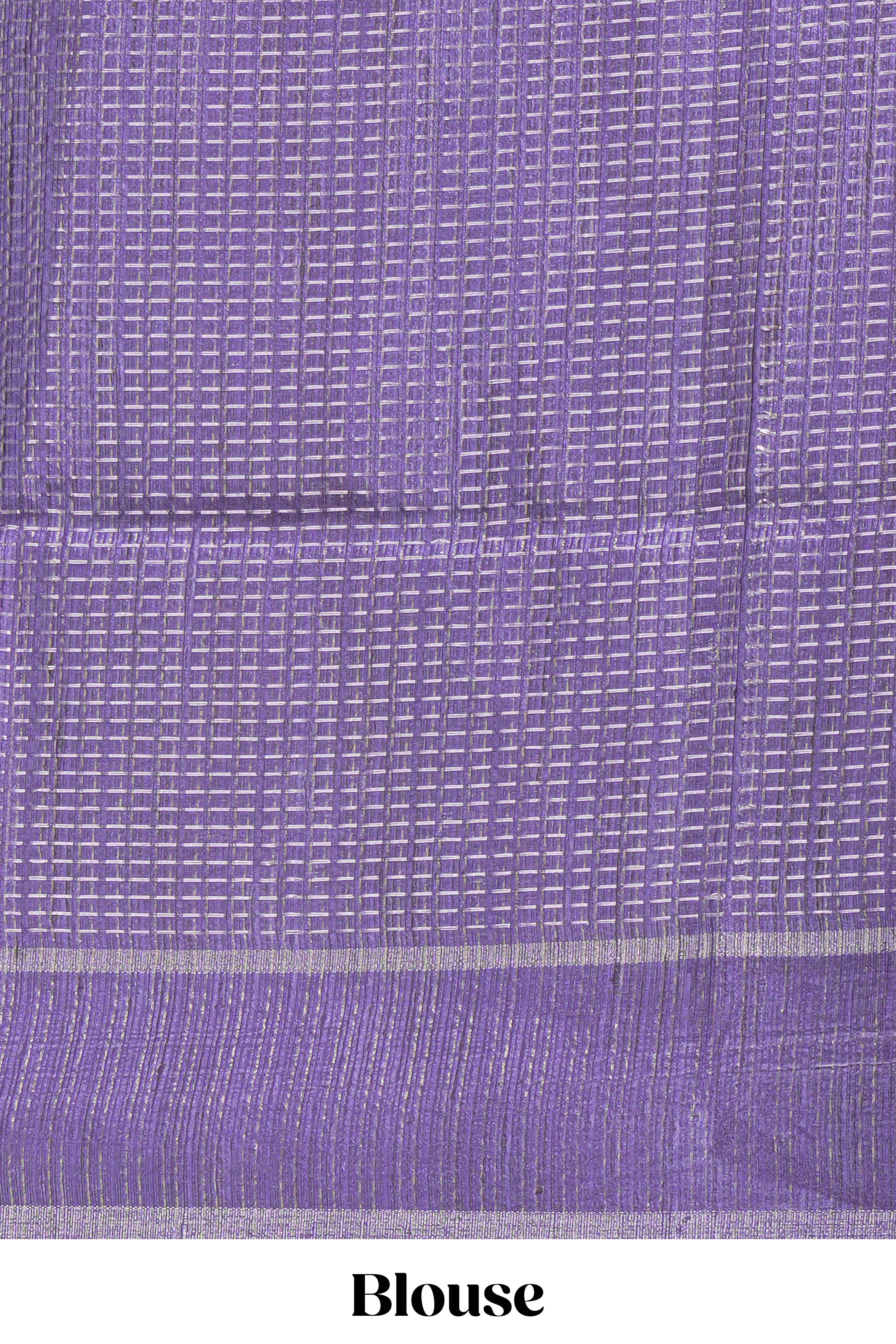 Pink tussar saree with woven checks by rich purple border and matching zari woven pallu with matching blouse piece