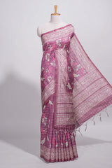 Dusty rose pink tussar saree with silver floral and bird motifs by fine metallic stripes and printed border and pallu with tassels with matching blouse piece