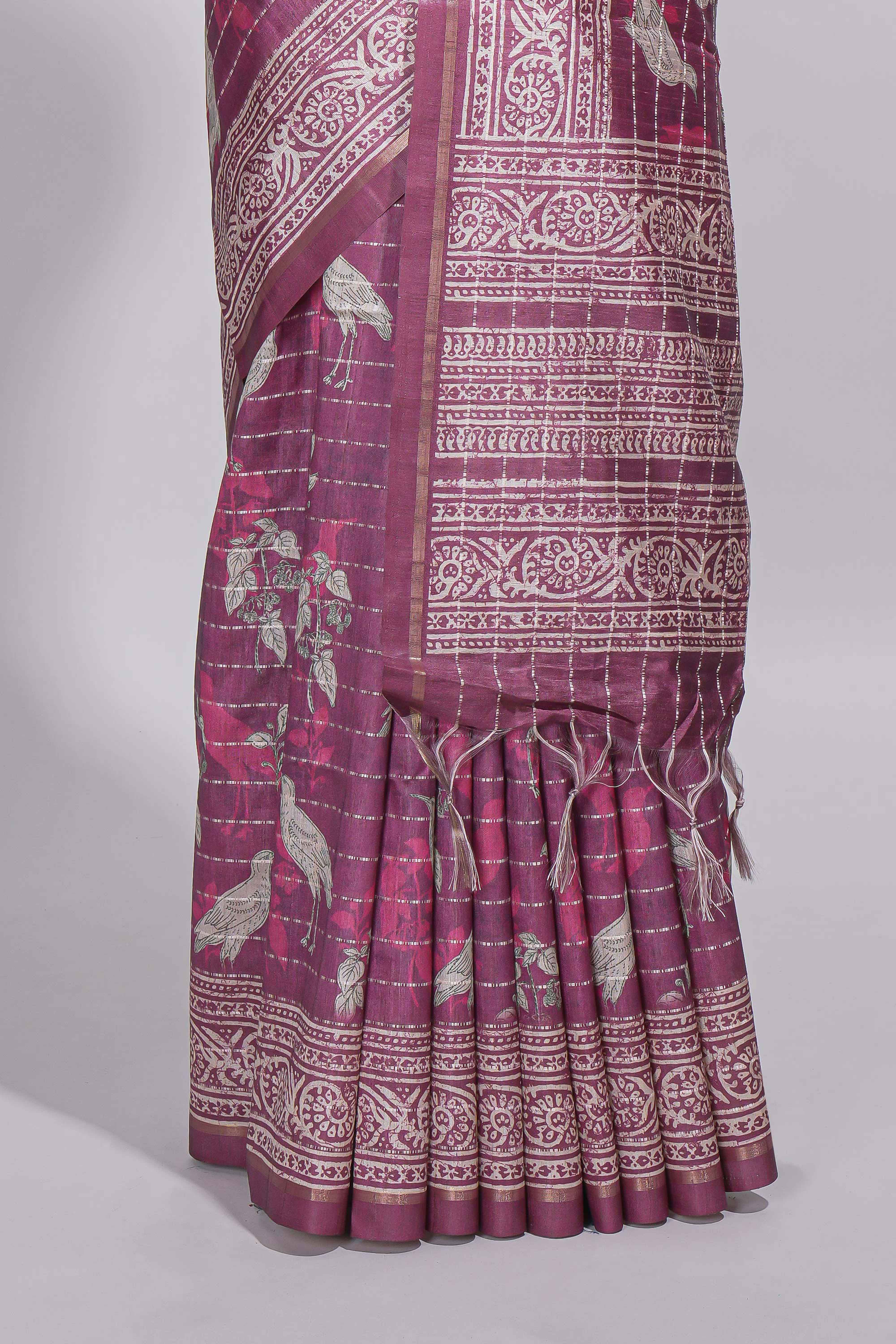 Dusty rose pink tussar saree with silver floral and bird motifs by fine metallic stripes and printed border and pallu with tassels with matching blouse piece
