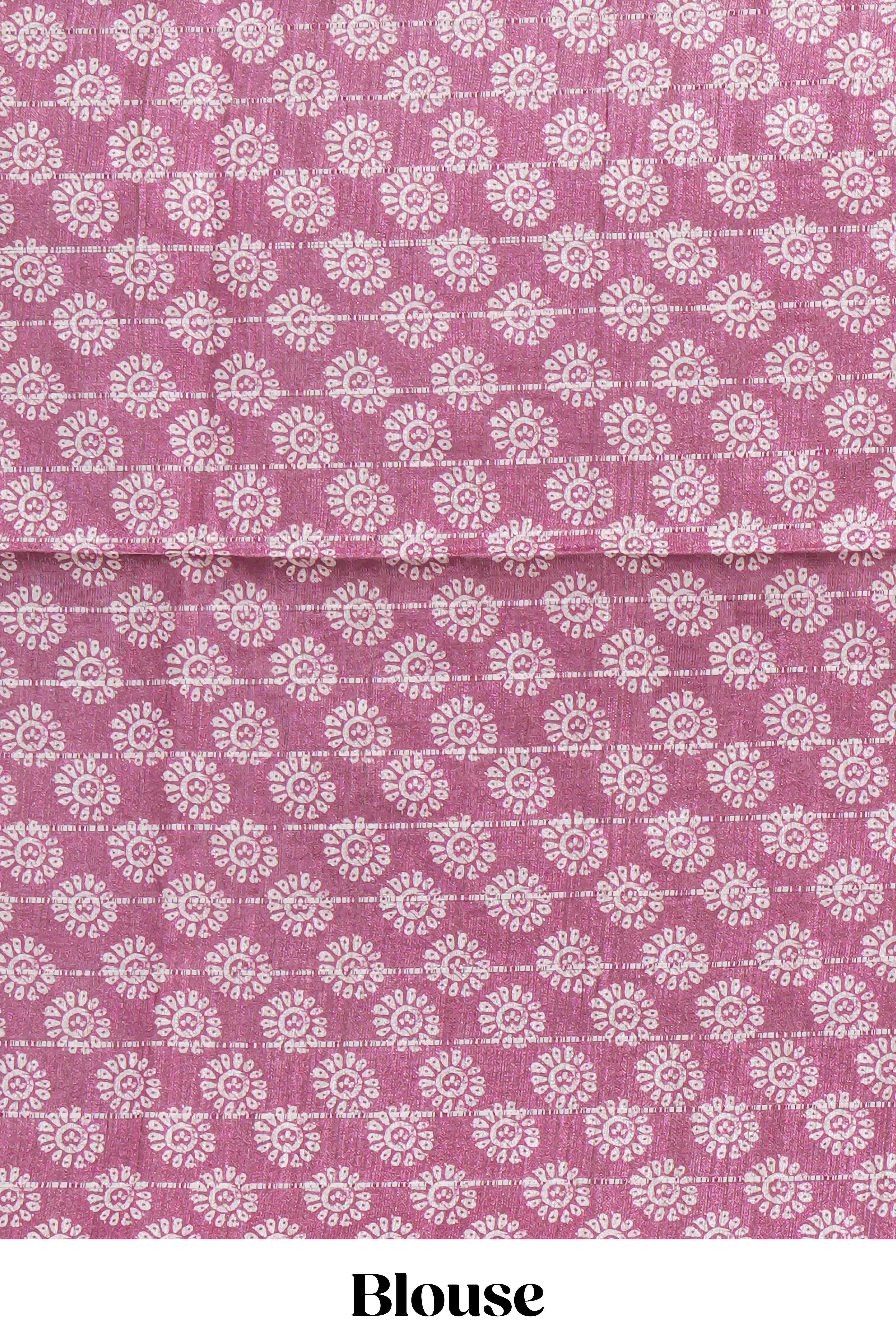 Dusty rose pink tussar saree with silver floral and bird motifs by fine metallic stripes and printed border and pallu with tassels with matching blouse piece