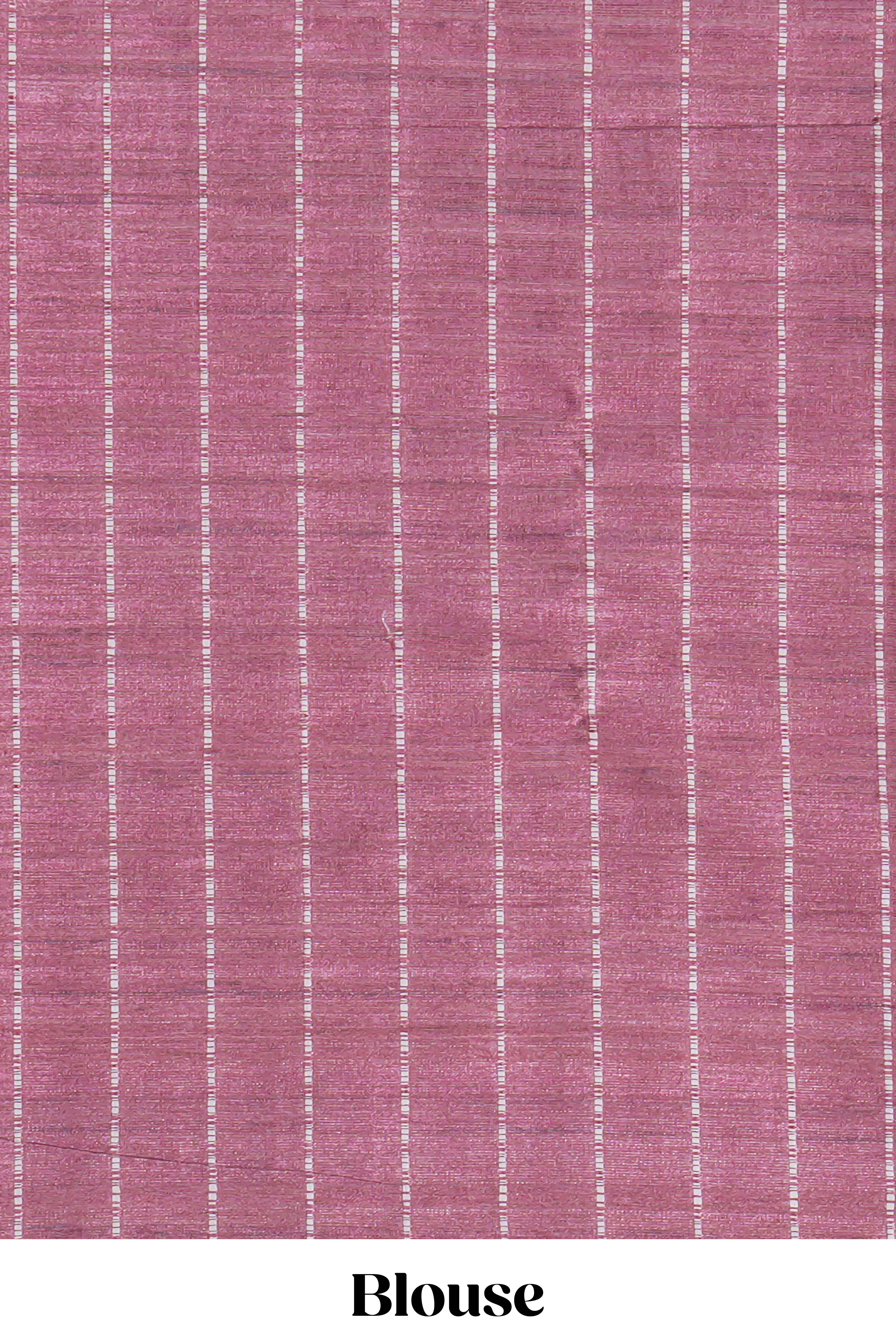 Soft blush pink tussar saree with subtle woven stripes Ikat-inspired border geometric woven pallu with tassels with blouse piece