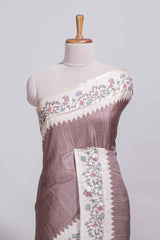 Dusty mauve tussar saree with woven checksfloral printed border andfloral printed palluwith blouse piece