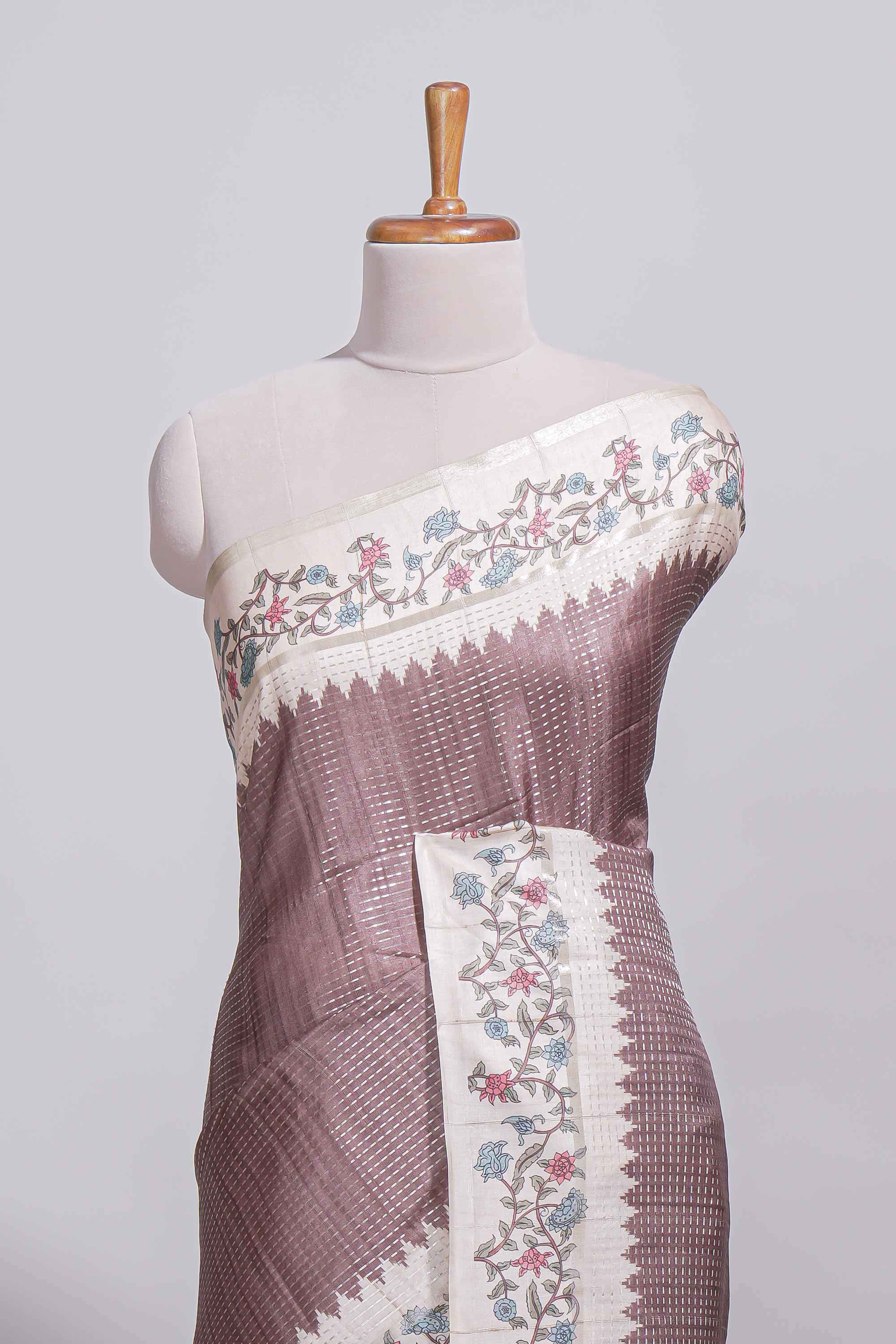 Dusty mauve tussar saree with woven checksfloral printed border andfloral printed palluwith blouse piece