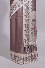 Dusty mauve tussar saree with woven checksfloral printed border andfloral printed palluwith blouse piece