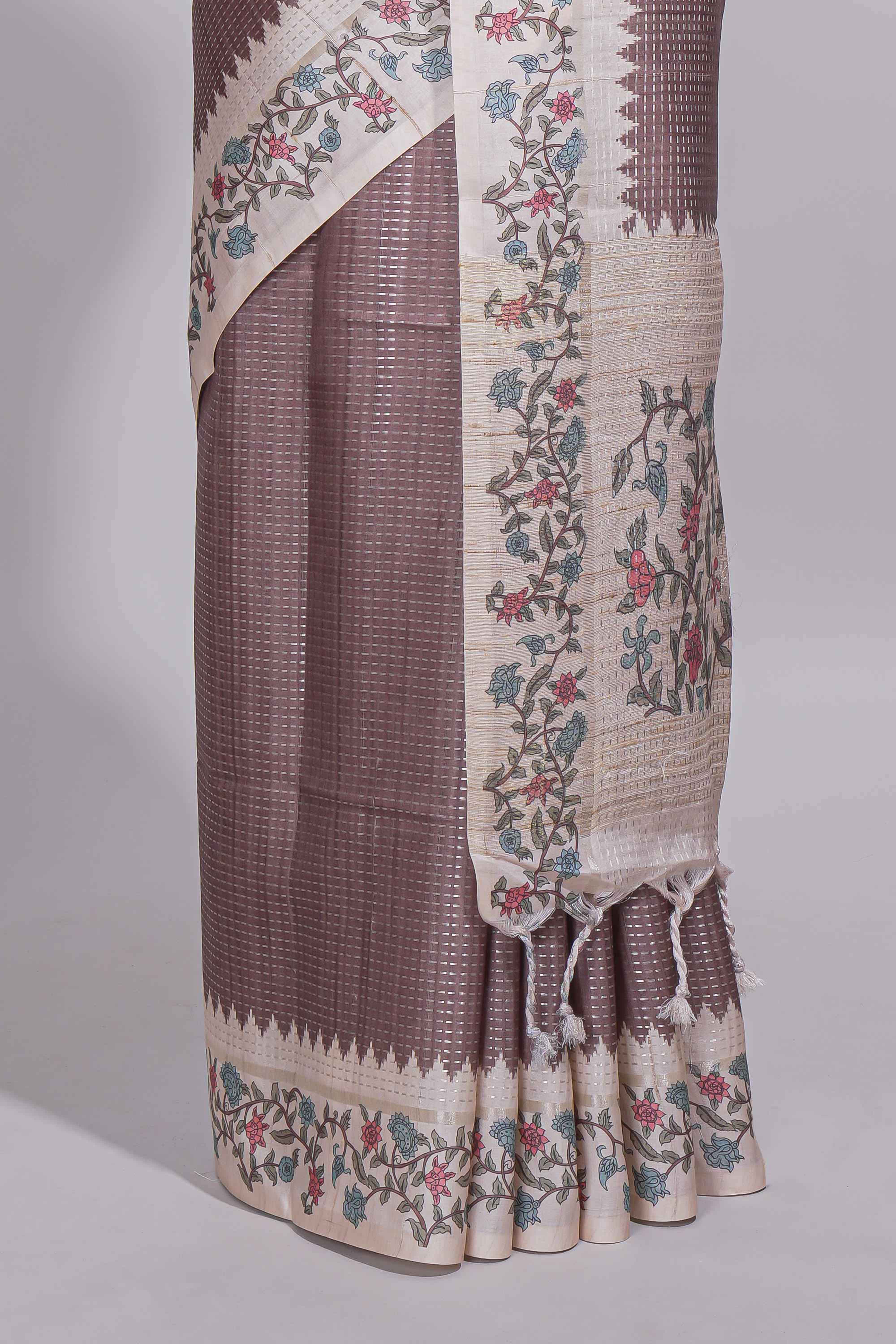 Dusty mauve tussar saree with woven checksfloral printed border andfloral printed palluwith blouse piece