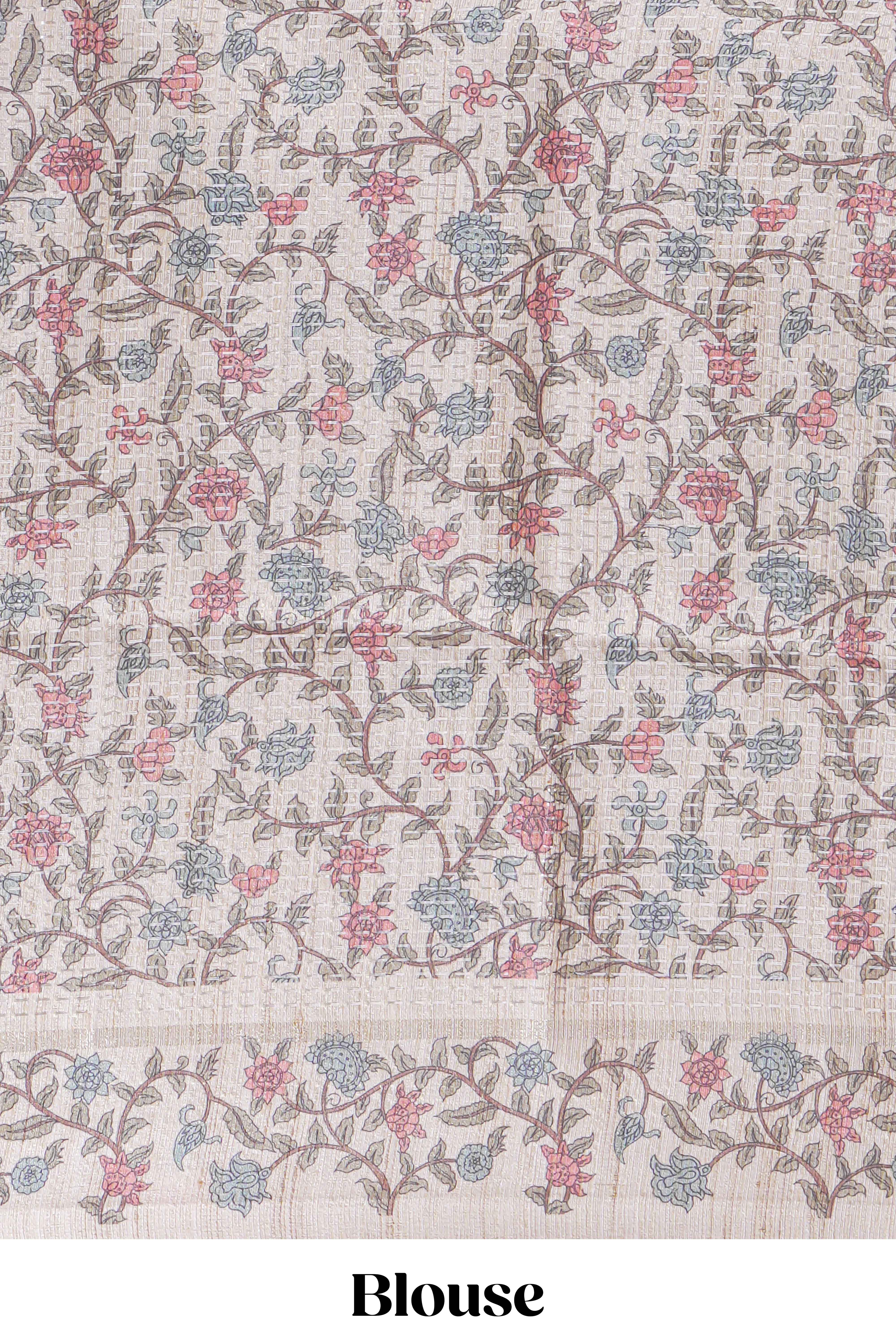 Dusty mauve tussar saree with woven checksfloral printed border andfloral printed palluwith blouse piece