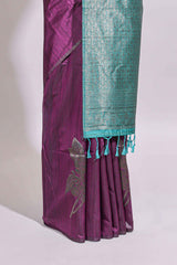 Borderless floral design purple art tussar saree with contrast pallu and silver motifs blouse