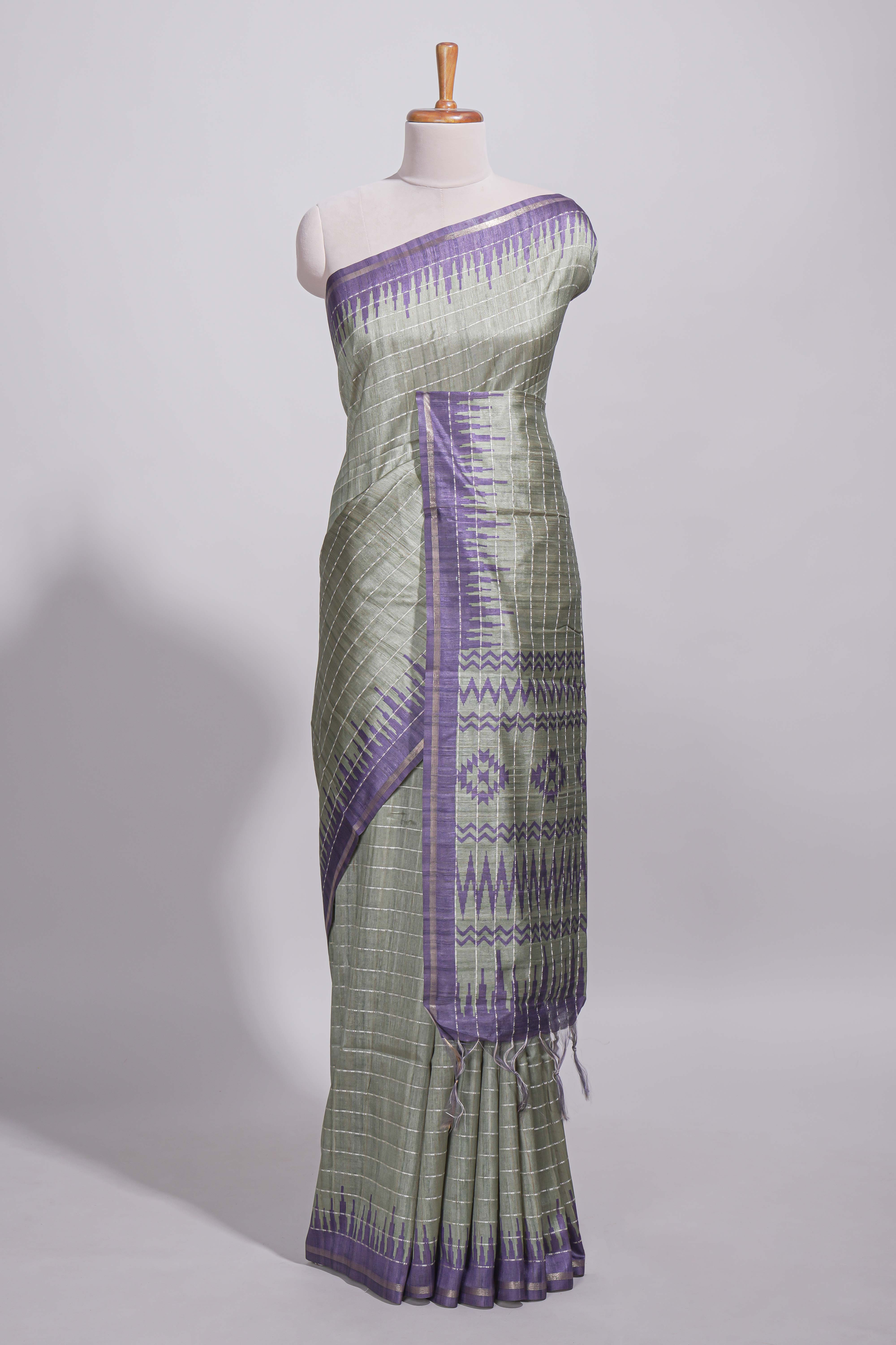 Pastel green Tussar saree with contrast border and contrast printed pallu with matching blouse