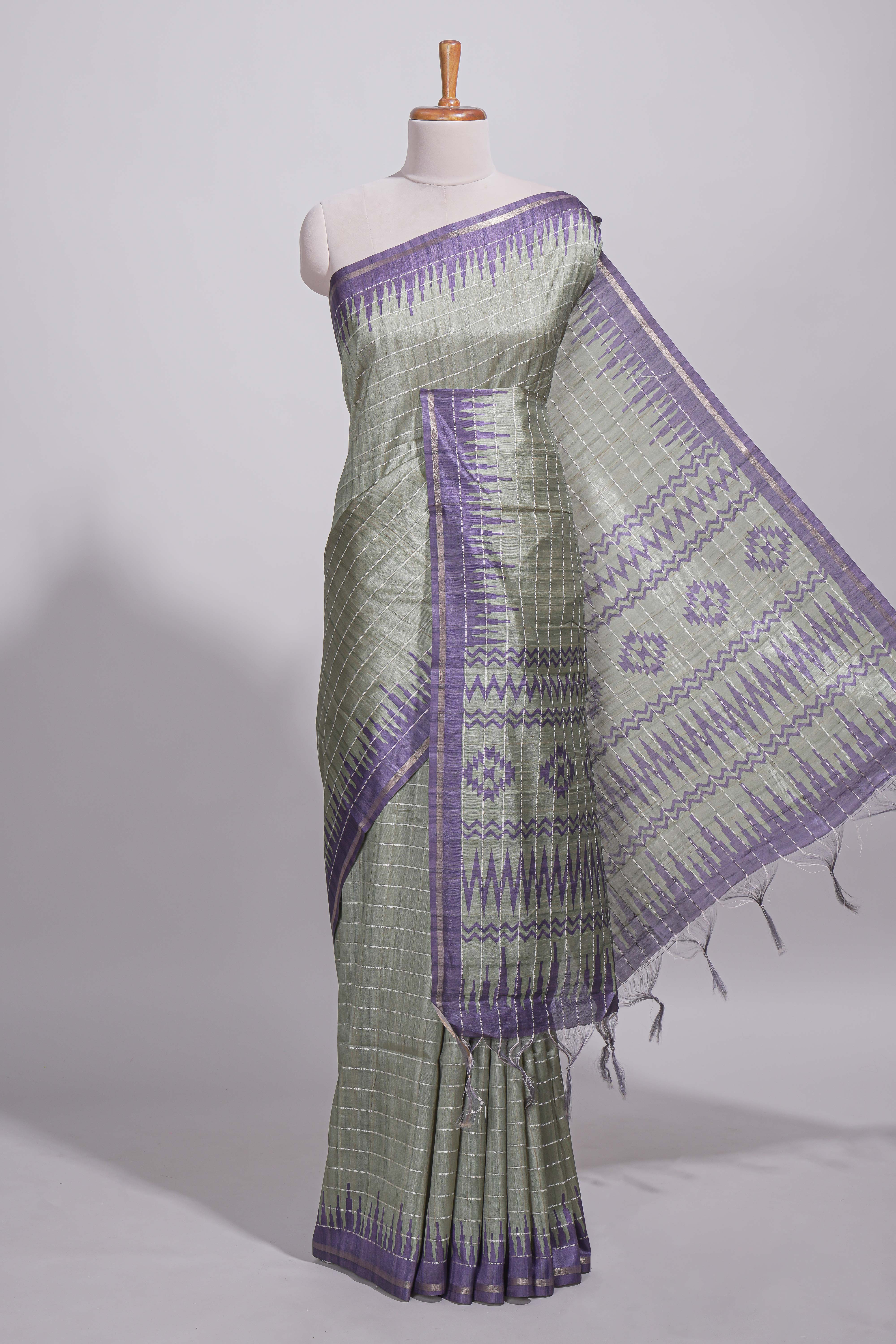 Pastel green Tussar saree with contrast border and contrast printed pallu with matching blouse
