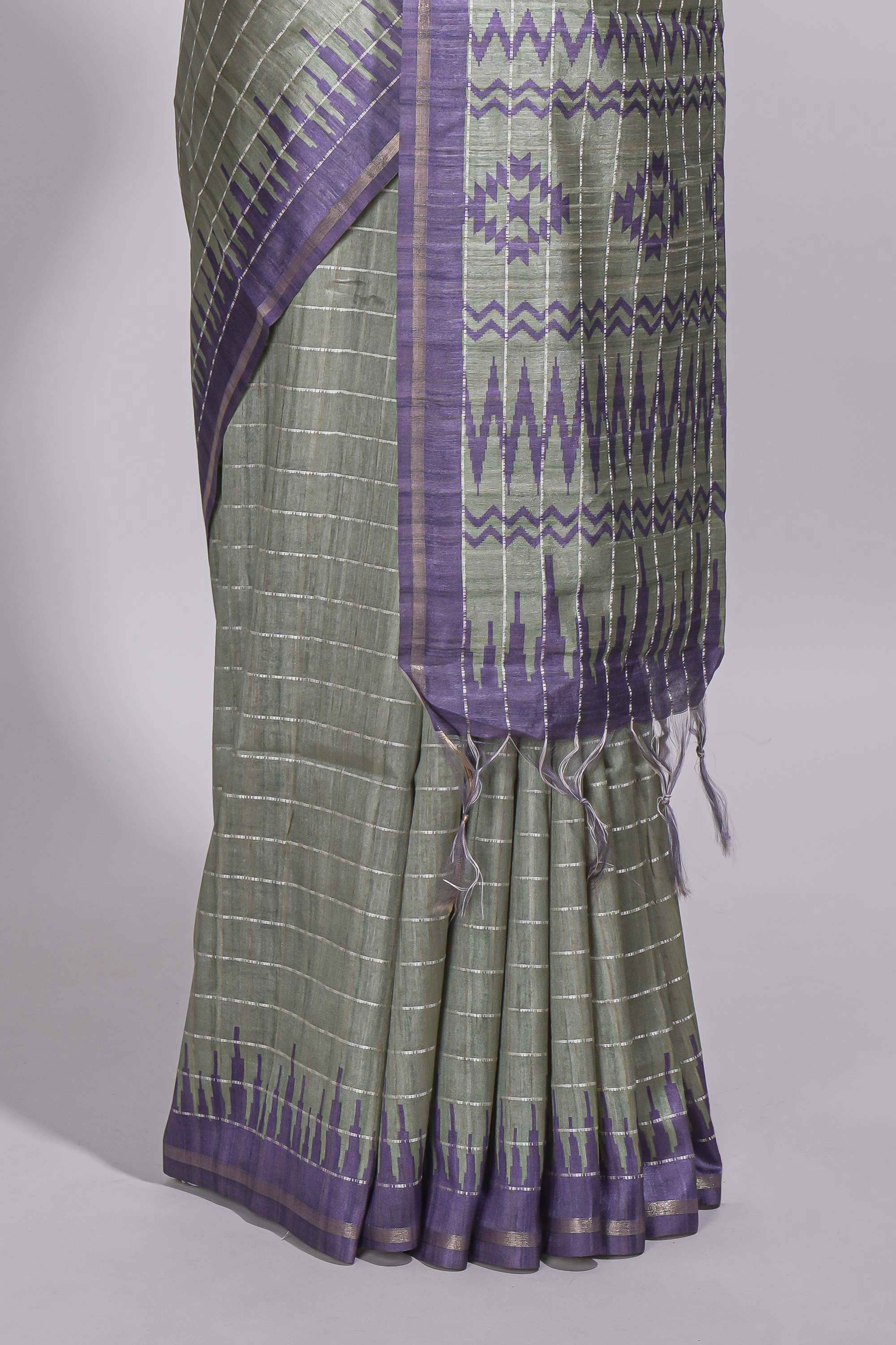 Pastel green Tussar saree with contrast border and contrast printed pallu with matching blouse