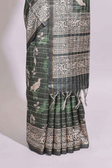 Forest green birds and floral design art tusser saree with contrast border and floral motifs blouse