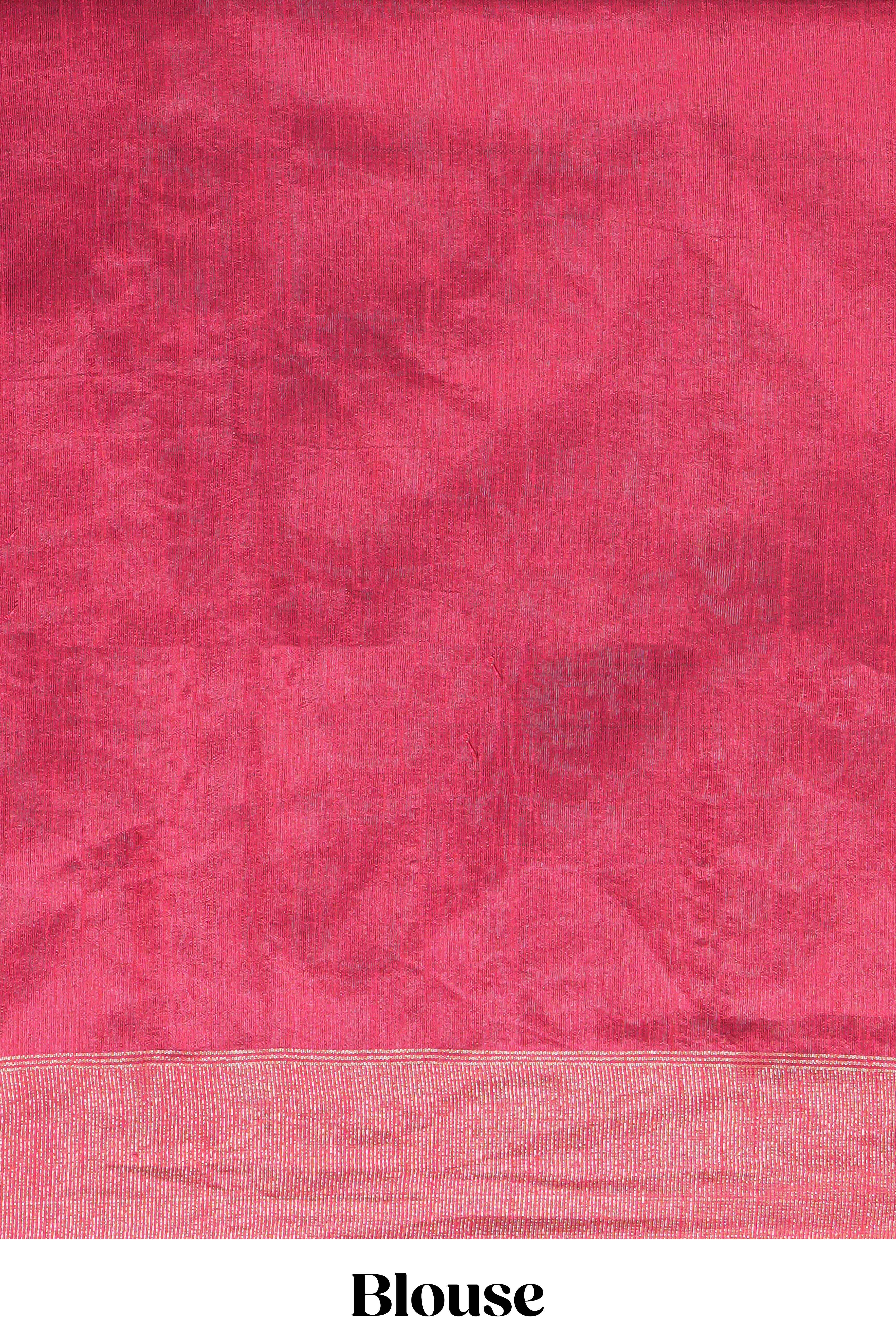 Aqua blue Tussar saree with magenta zari woven border and contrast pallu with matching magenta blouse