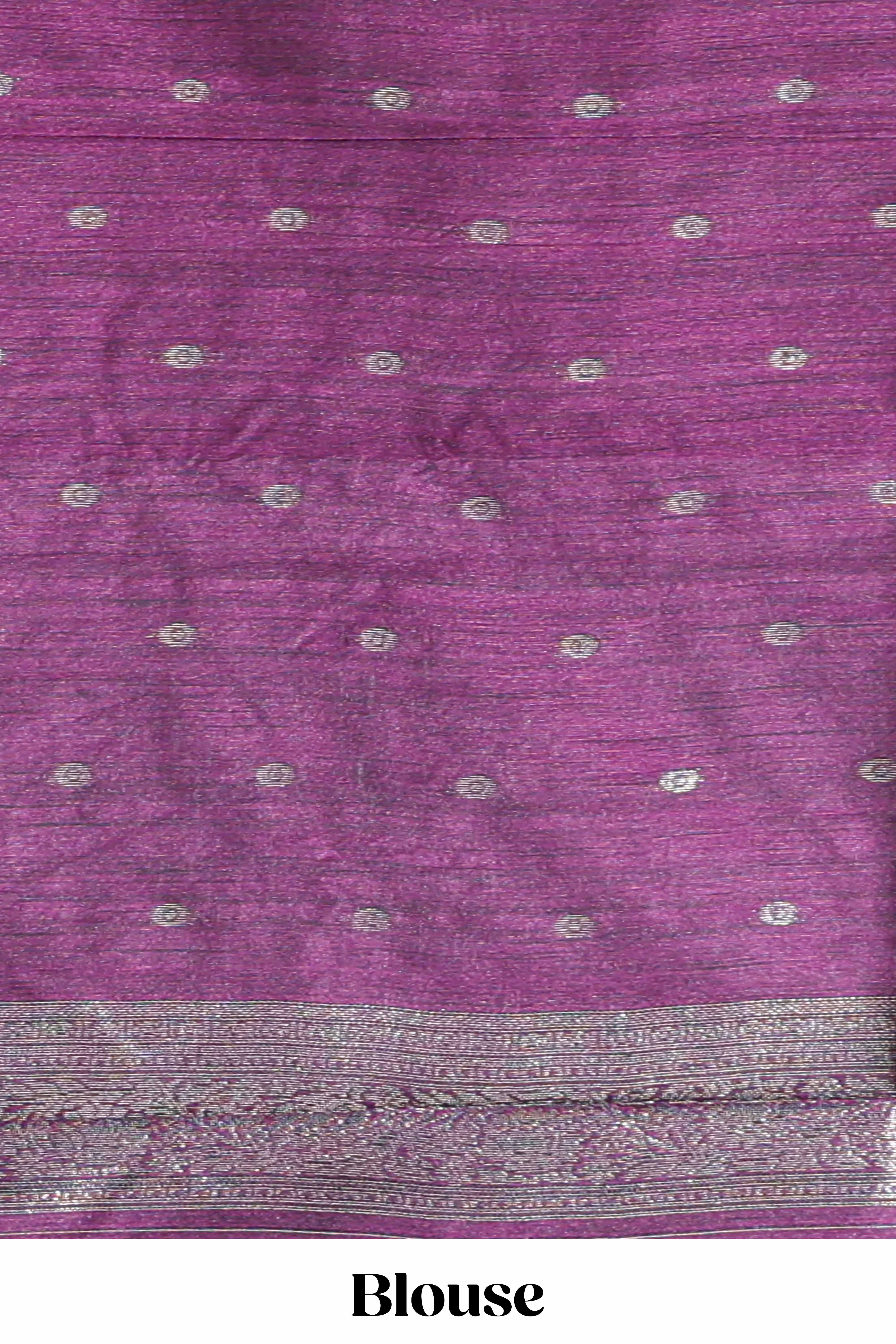 Borderless floral design blue art tussar saree with contrast pallu and silver motifs blouse
