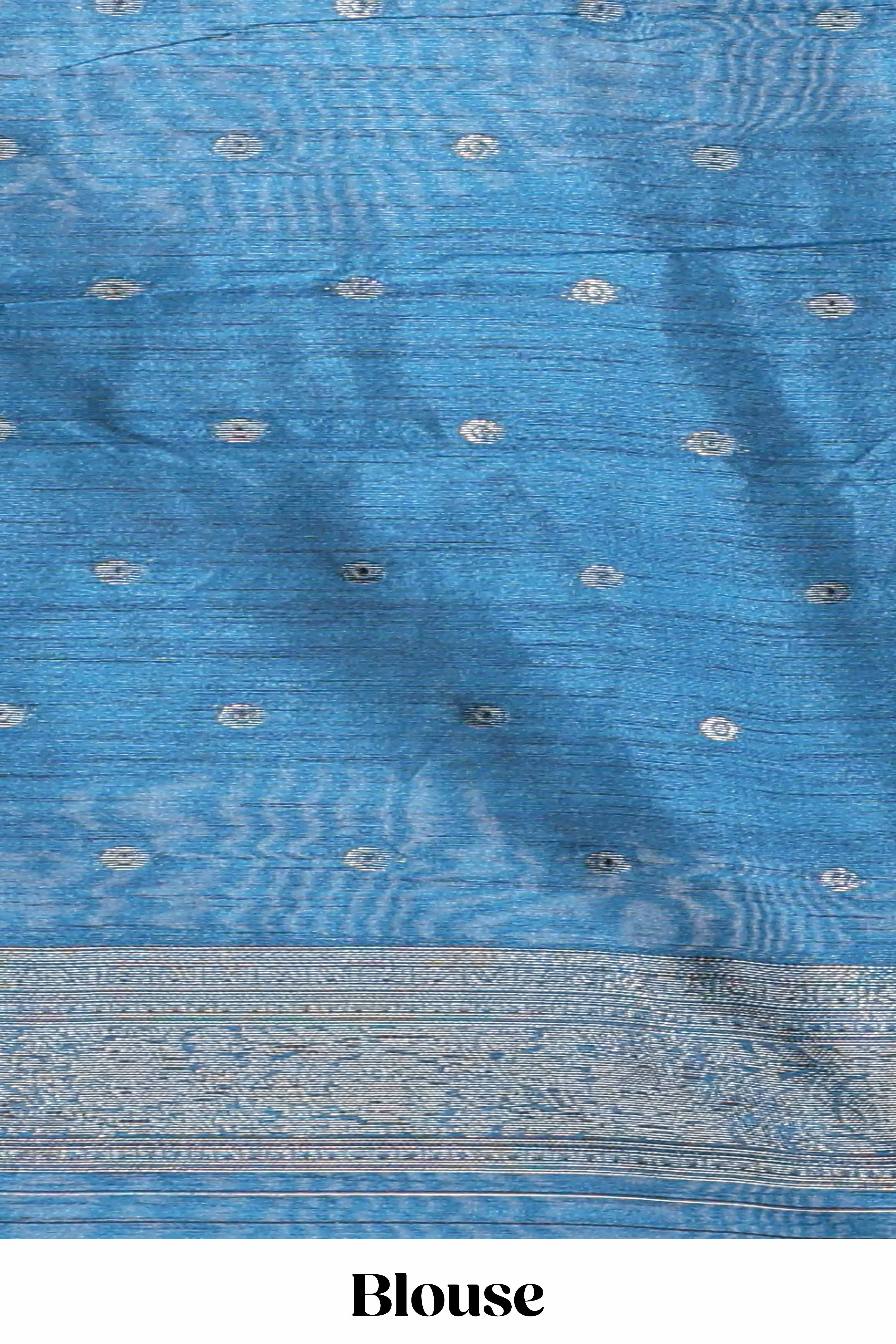 Borderless floral design blue art tussar saree with contrast pallu and silver motifs blouse