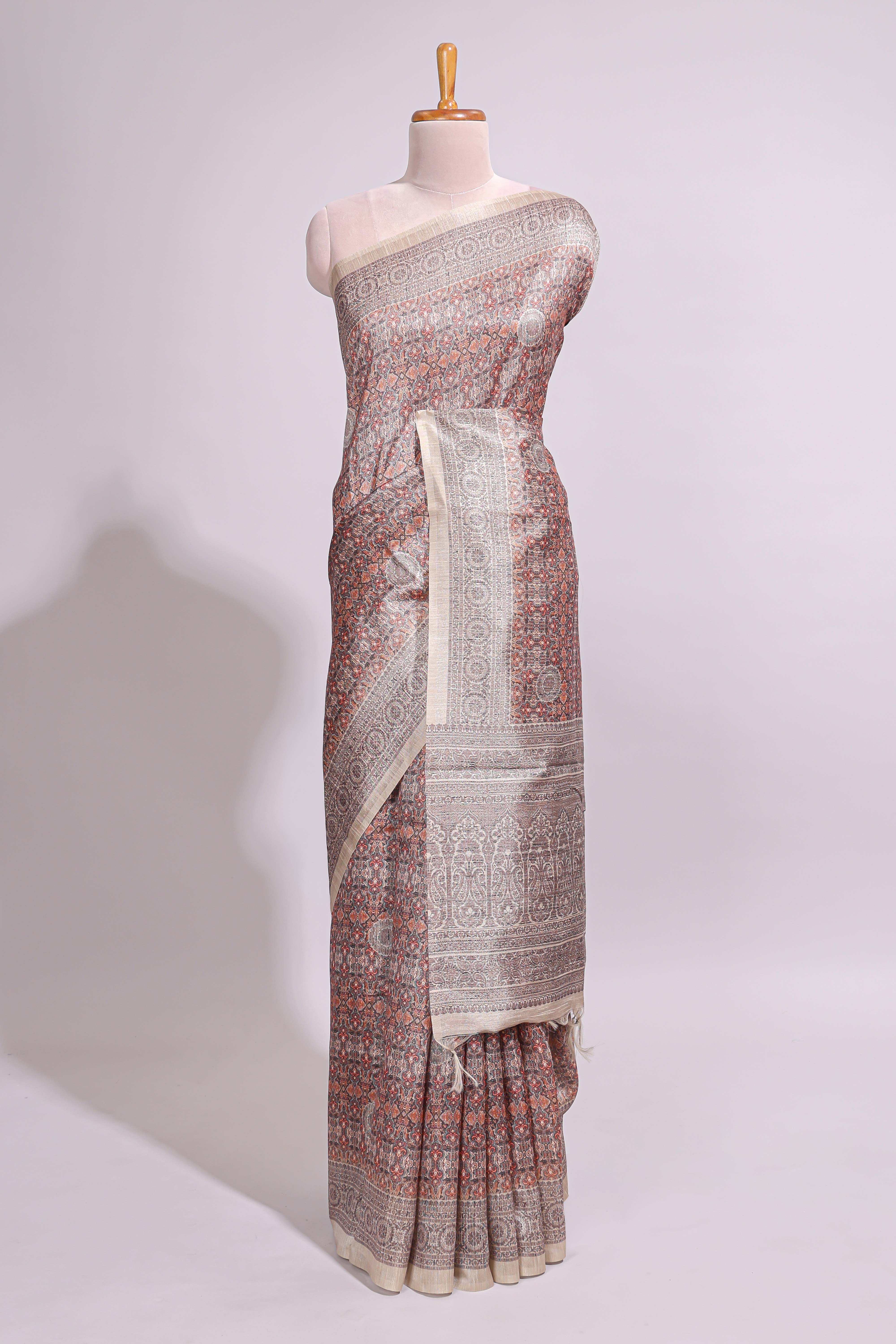 Grey & Rust Printed Tussar Silk Saree with contrast border and motifs printed blouse