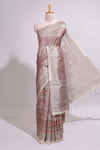 Grey & Rust Printed Tussar Silk Saree with contrast border and motifs printed blouse
