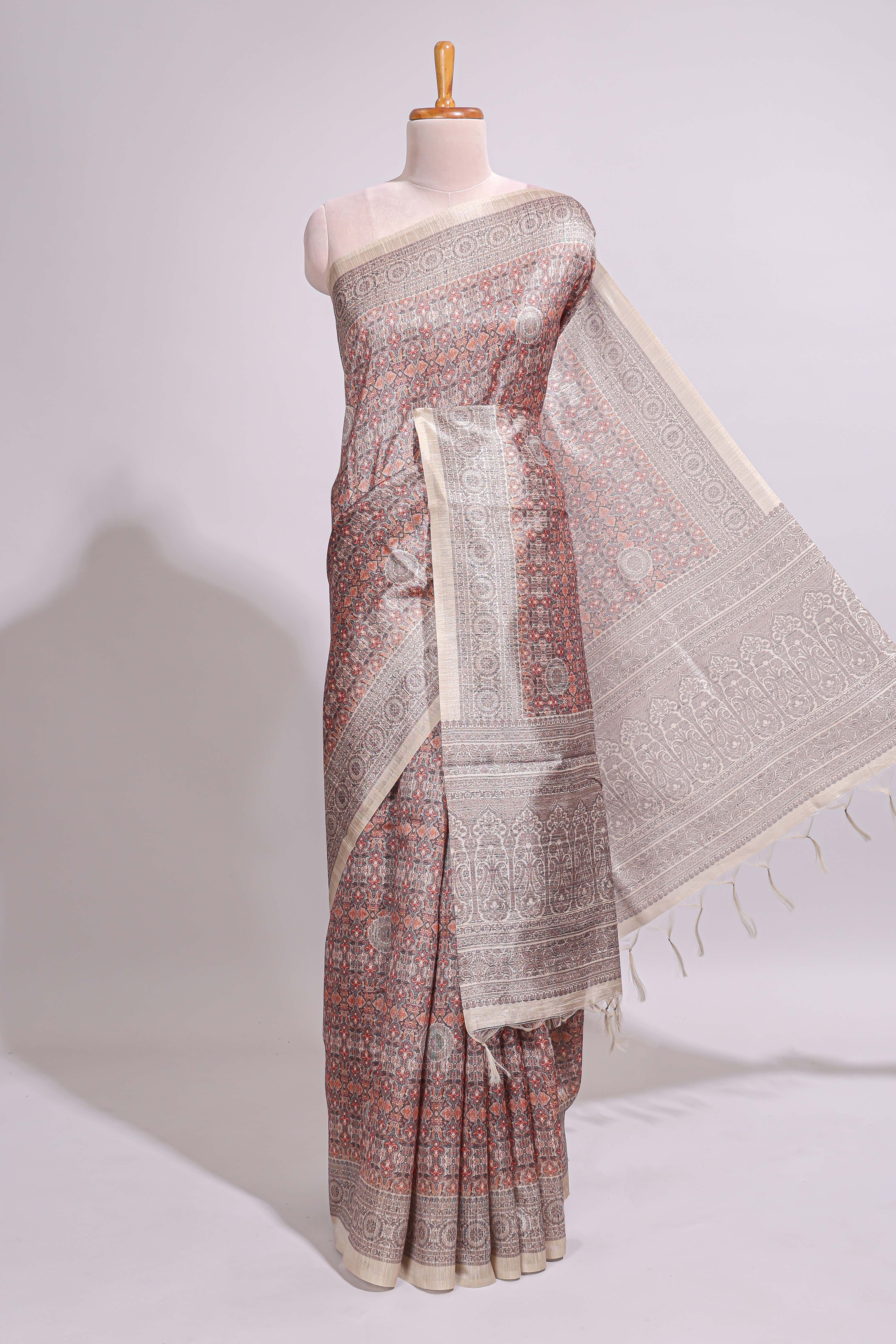 Grey & Rust Printed Tussar Silk Saree with contrast border and motifs printed blouse