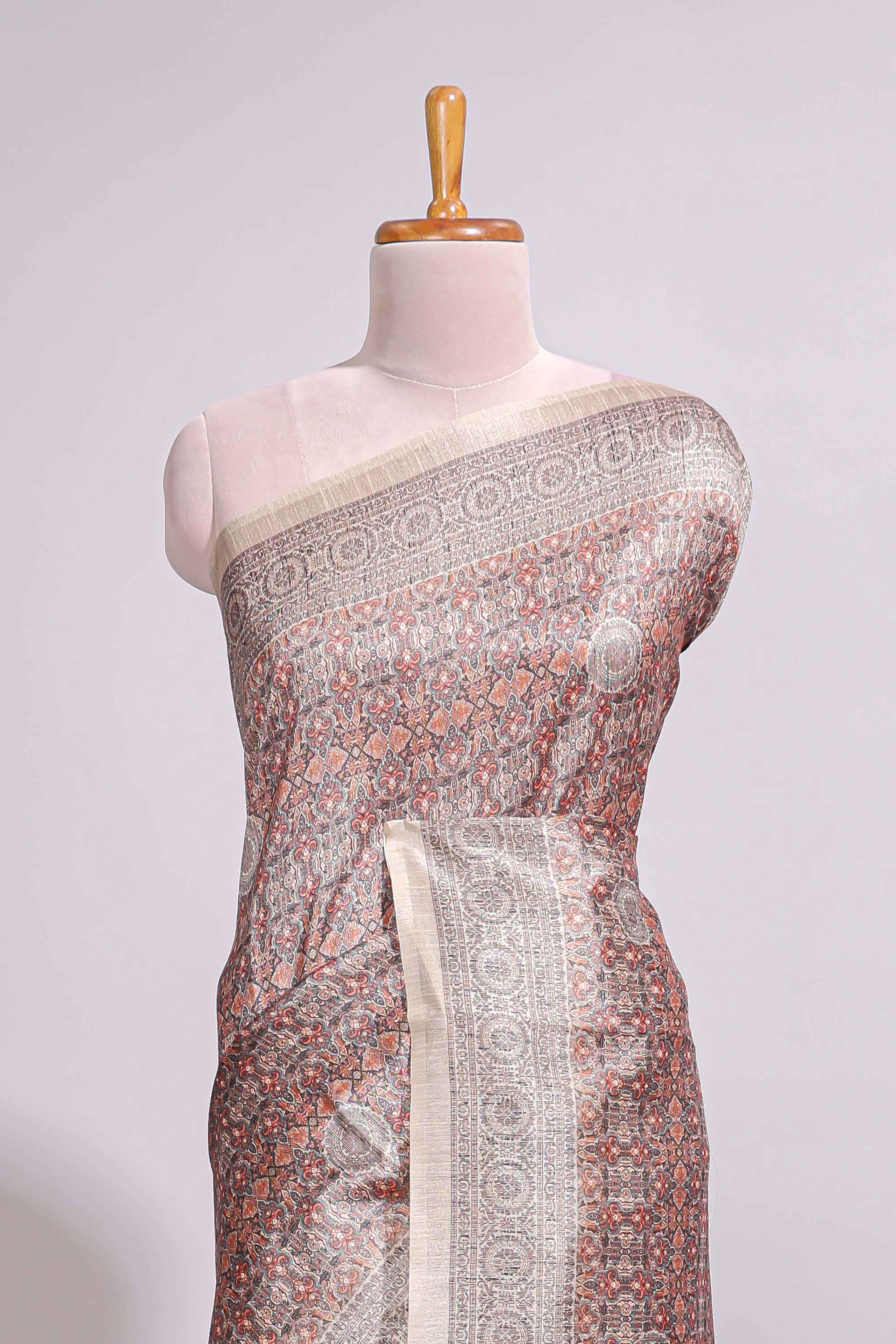 Grey & Rust Printed Tussar Silk Saree with contrast border and motifs printed blouse
