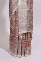 Grey & Rust Printed Tussar Silk Saree with contrast border and motifs printed blouse