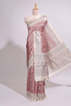 Rose Pink Printed Tussar Silk Saree with Contrast Zari Border and floral printed Blouse