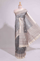 Grey Printed Tussar Silk Saree with Contrast Zari Border and floral printed Blouse