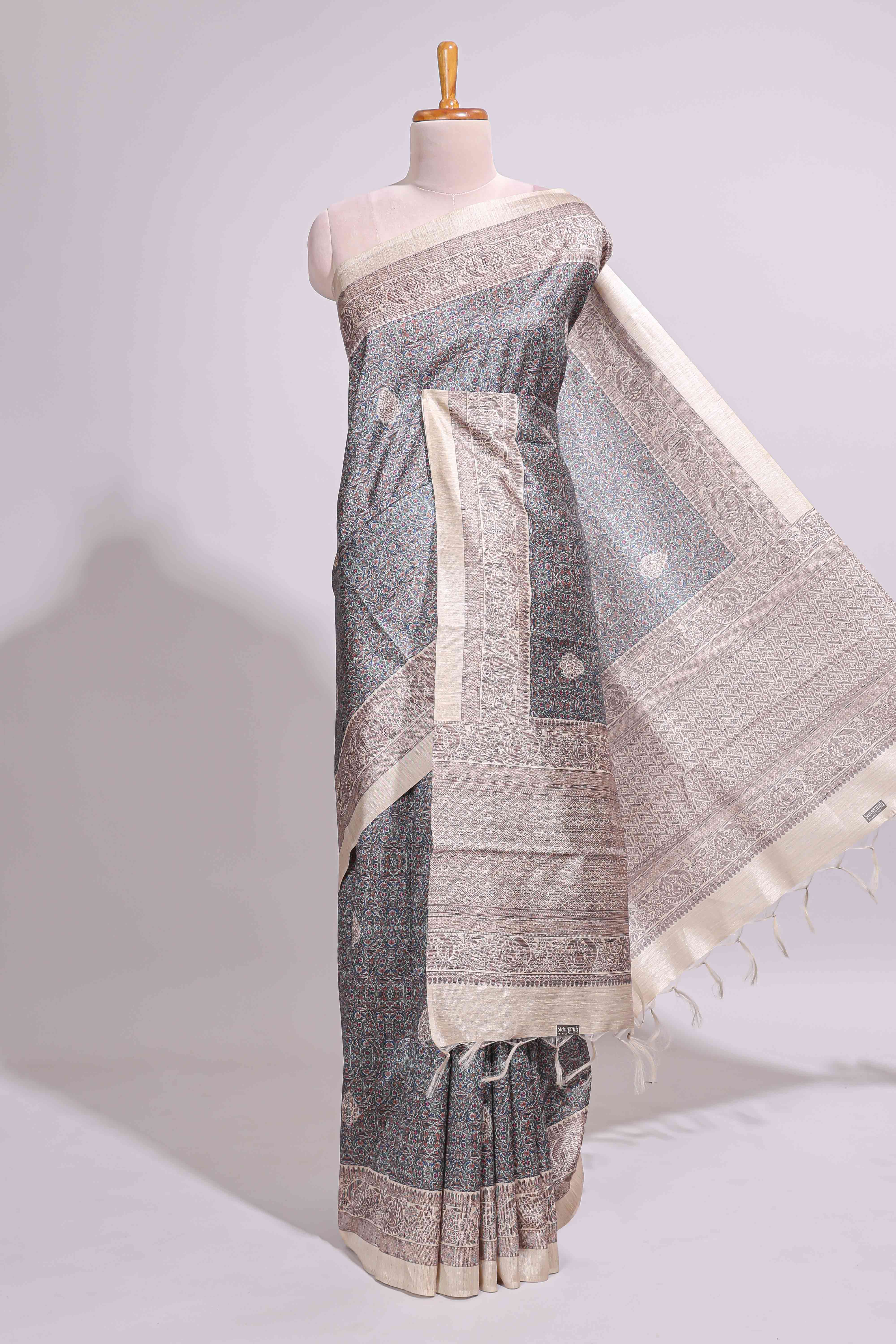 Grey Printed Tussar Silk Saree with Contrast Zari Border and floral printed Blouse