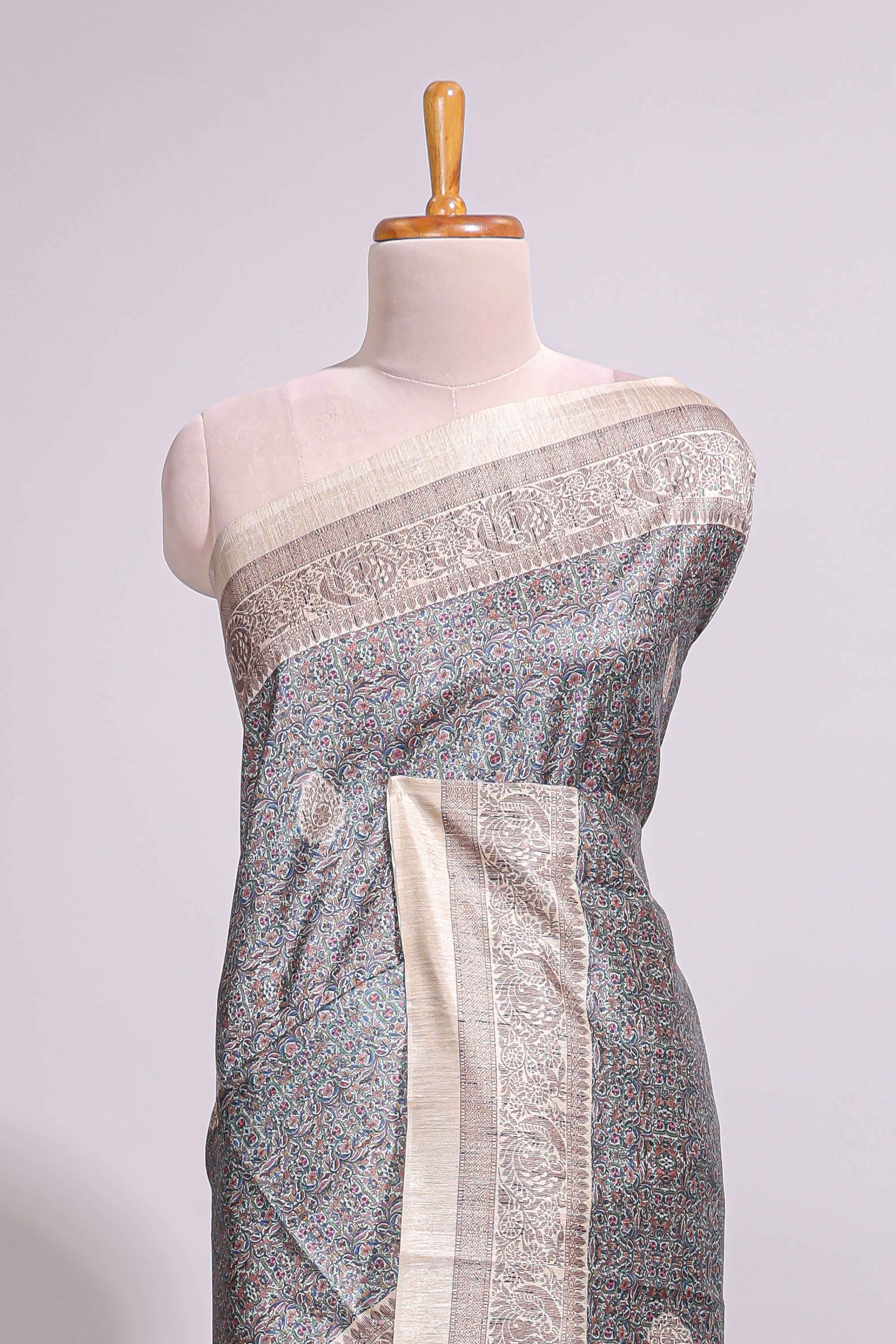 Grey Printed Tussar Silk Saree with Contrast Zari Border and floral printed Blouse