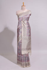 Multi color Printed Tussar Silk Saree with Contrast Zari Border and floral printed Blouse