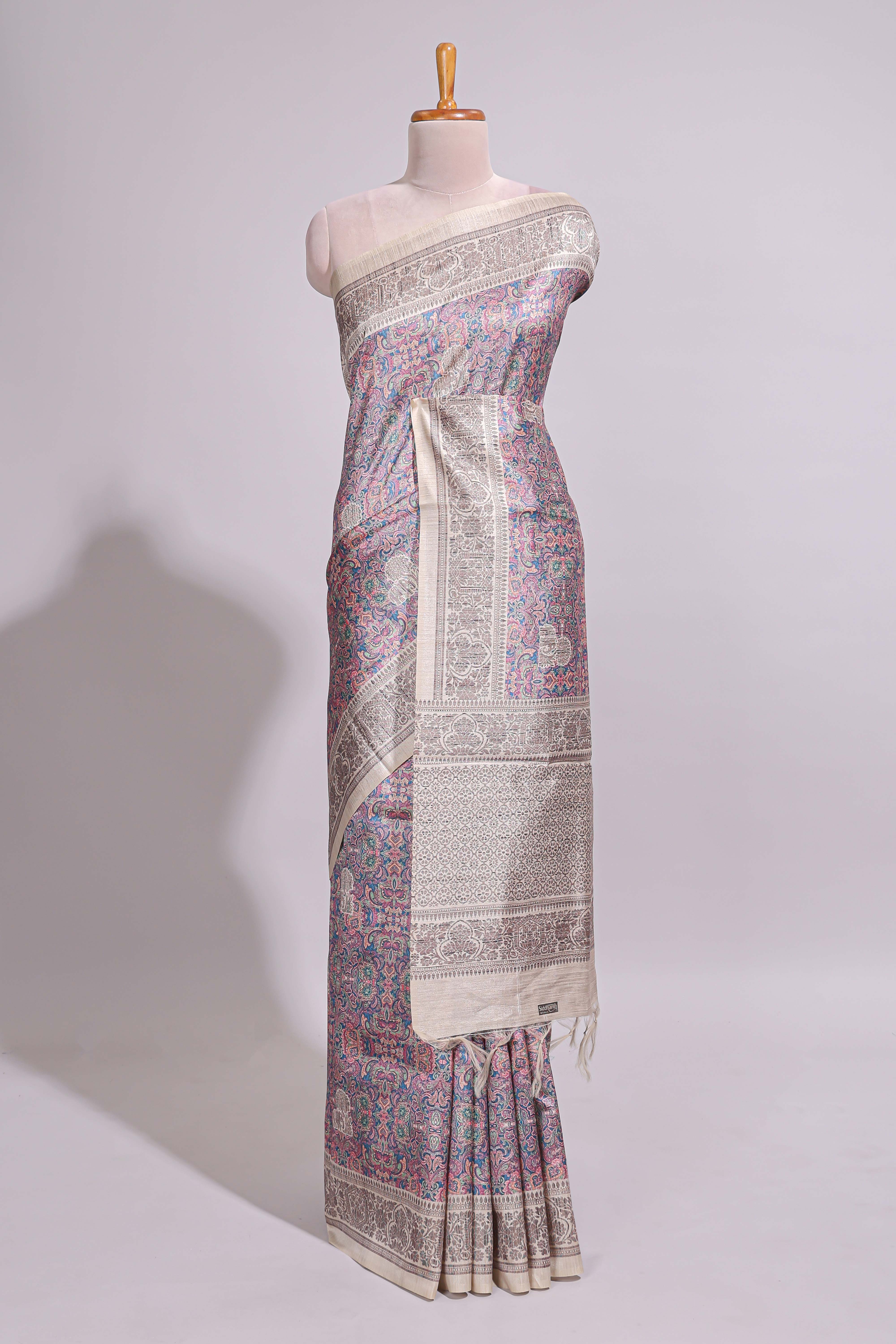 Multi color Printed Tussar Silk Saree with Contrast Zari Border and floral printed Blouse