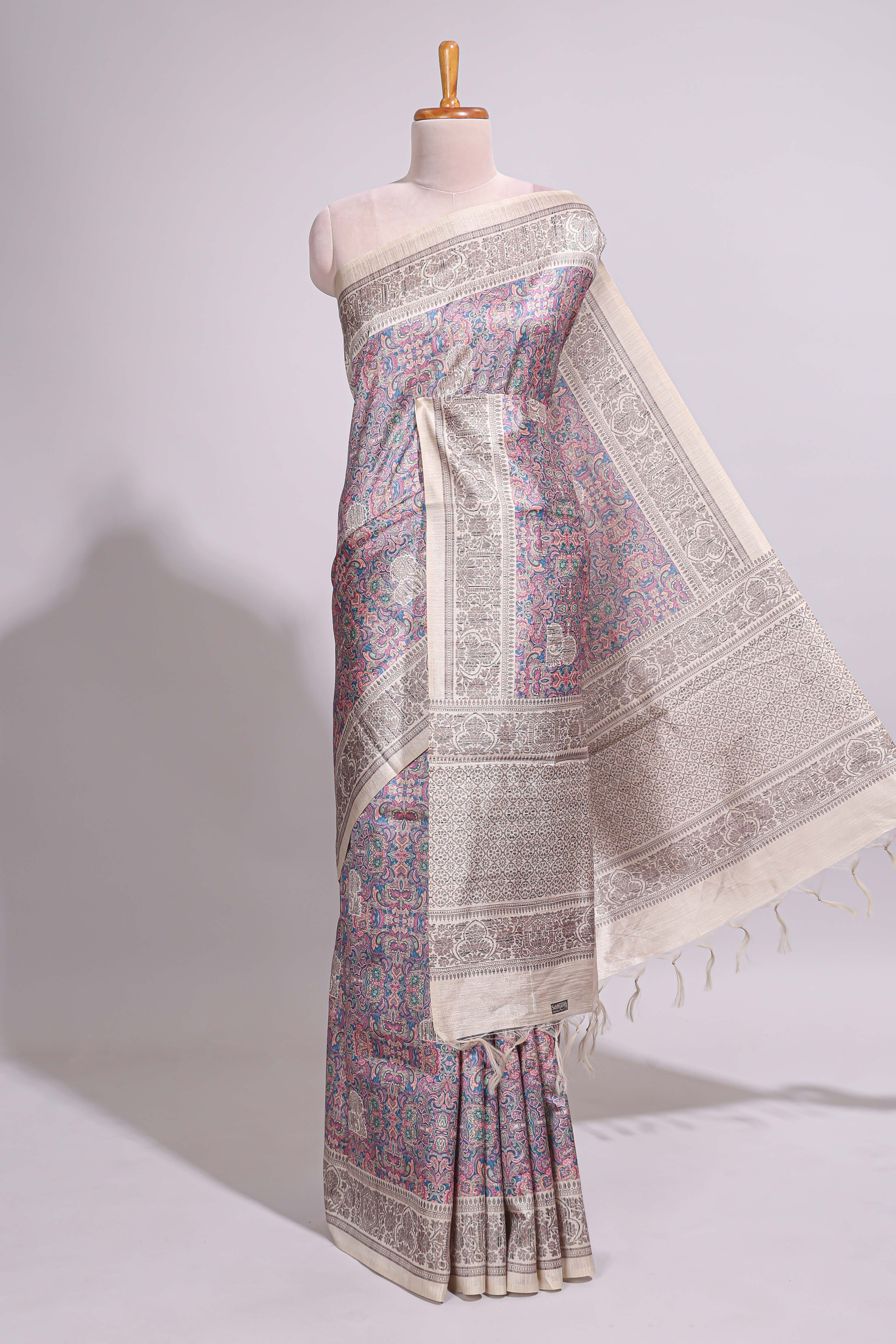 Multi color Printed Tussar Silk Saree with Contrast Zari Border and floral printed Blouse