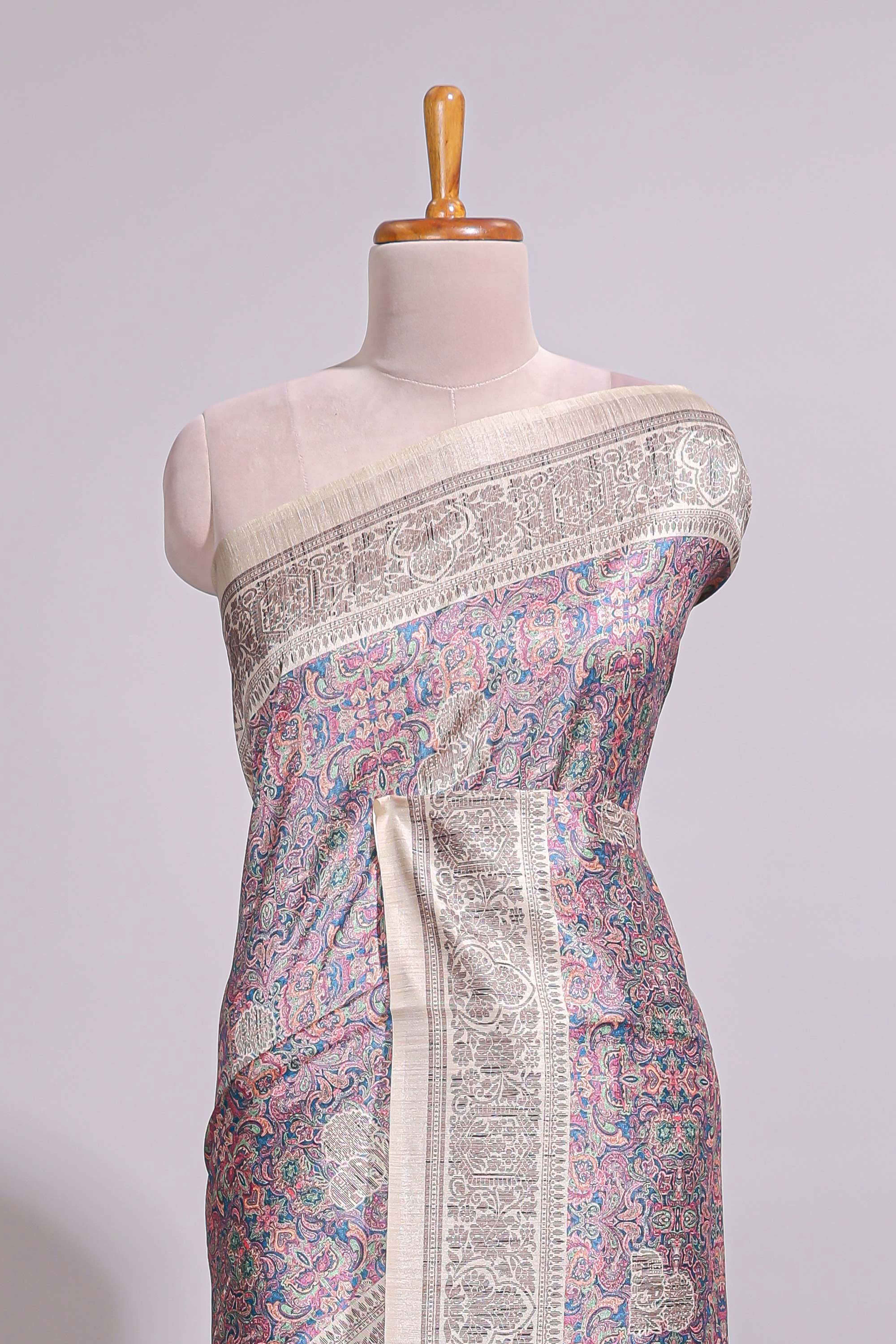 Multi color Printed Tussar Silk Saree with Contrast Zari Border and floral printed Blouse