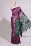 Borderless purple floral design art tusser saree with contrast pallu and floral motifs blouse