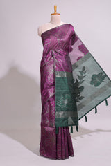 Borderless purple floral design art tusser saree with contrast pallu and floral motifs blouse