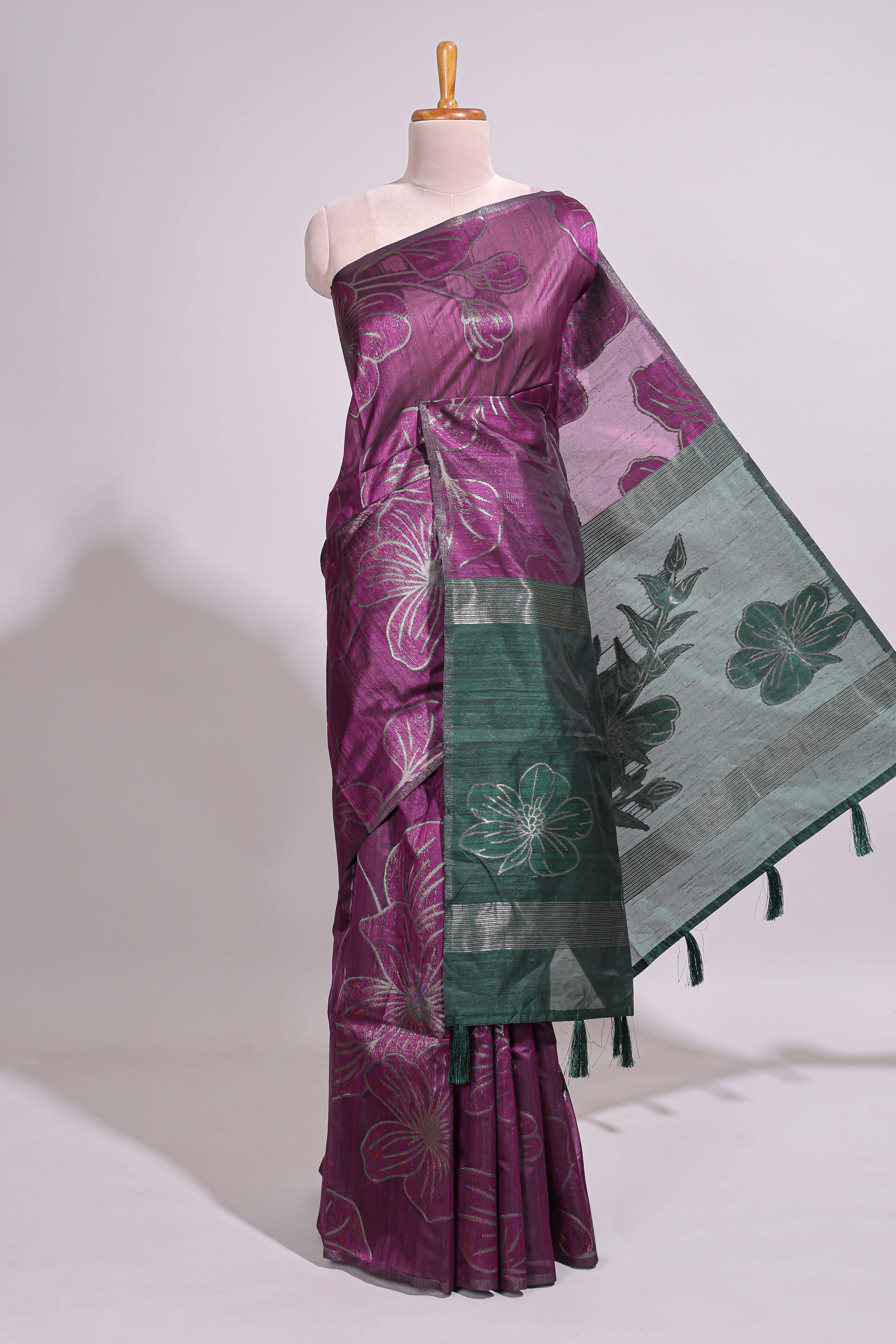 Borderless purple floral design art tusser saree with contrast pallu and floral motifs blouse