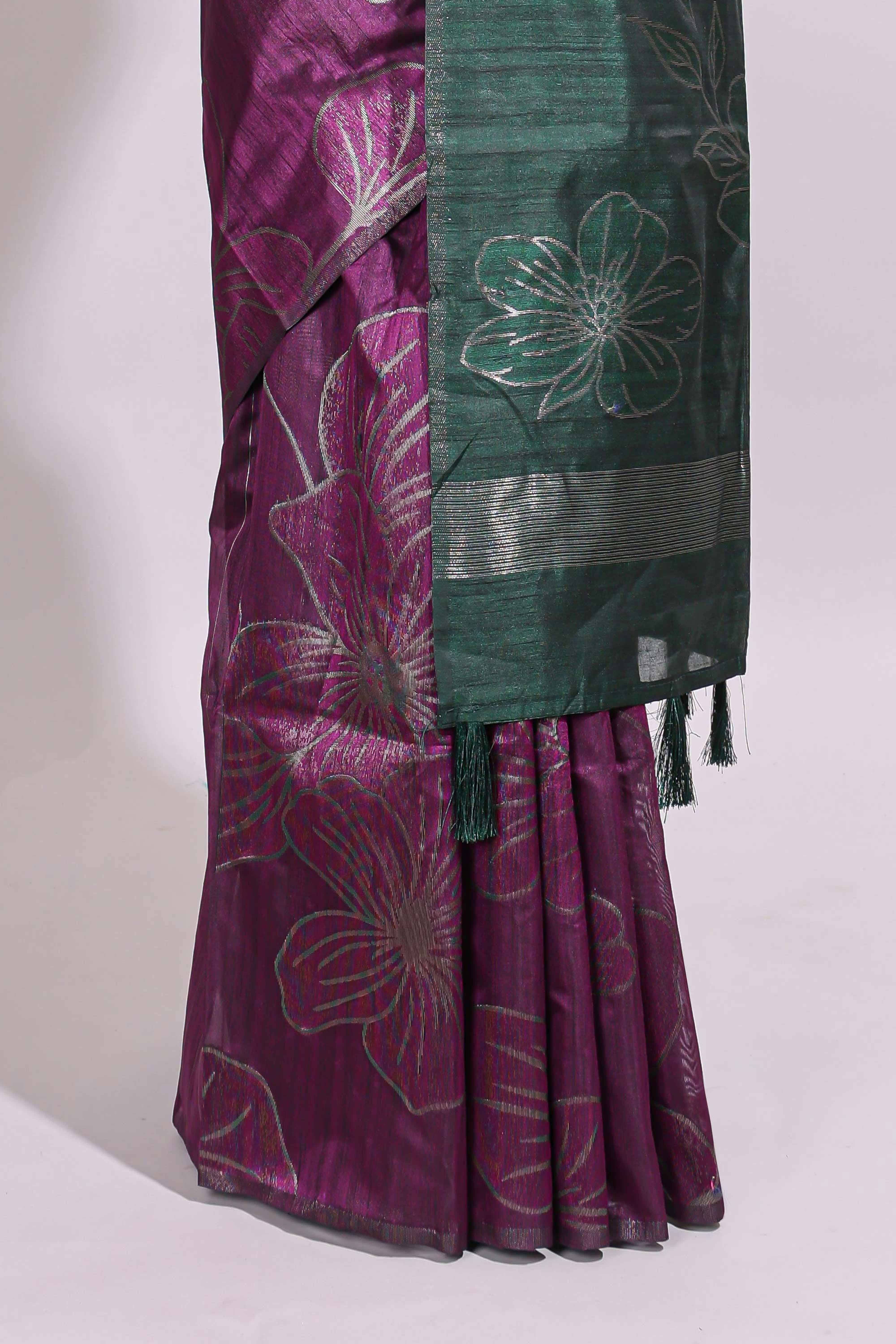 Borderless purple floral design art tusser saree with contrast pallu and floral motifs blouse