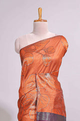 Borderless orange floral design art tusser saree with contrast pallu and floral motifs blouse