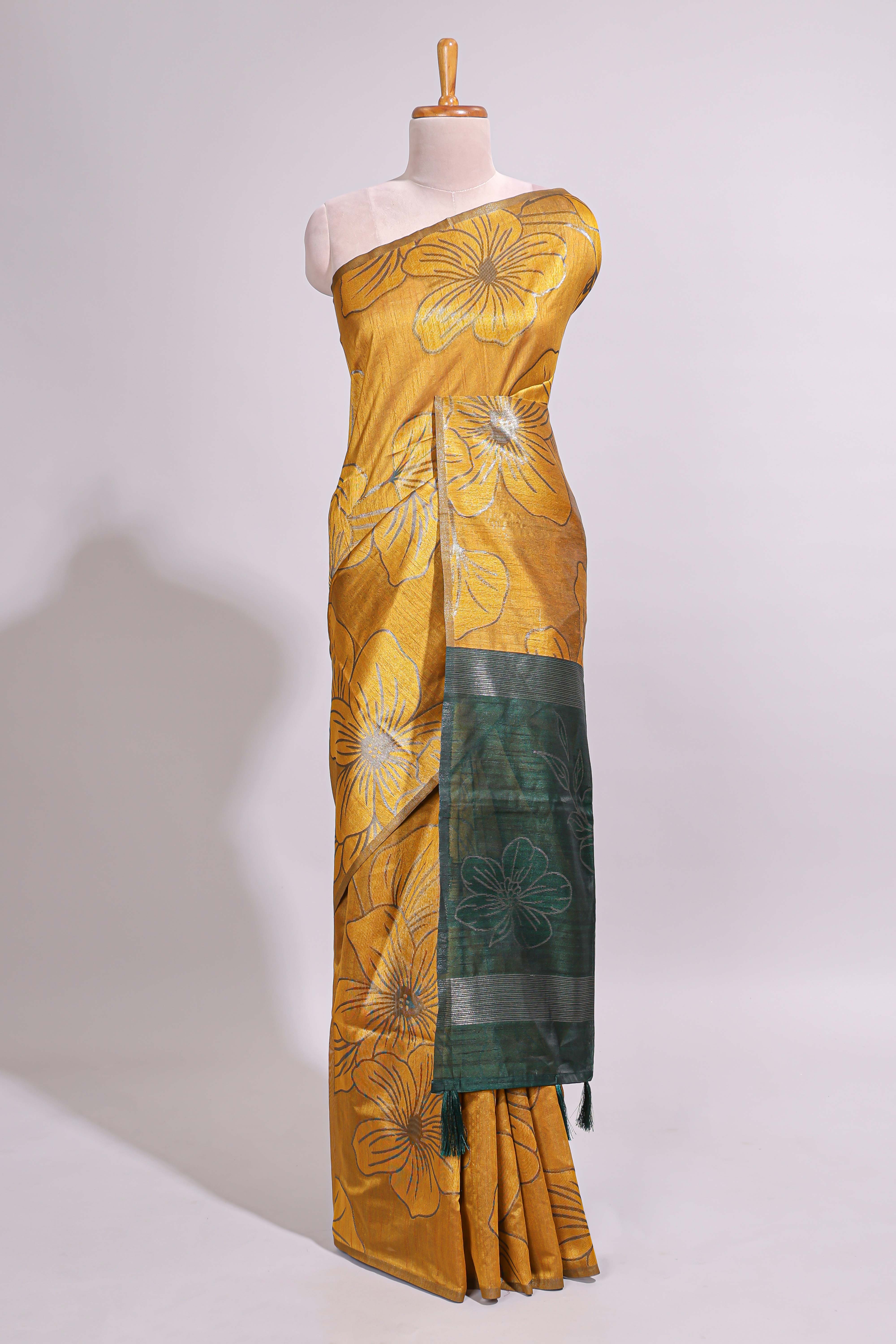 Borderless yellow floral design art tusser saree with contrast pallu and floral motifs blouse