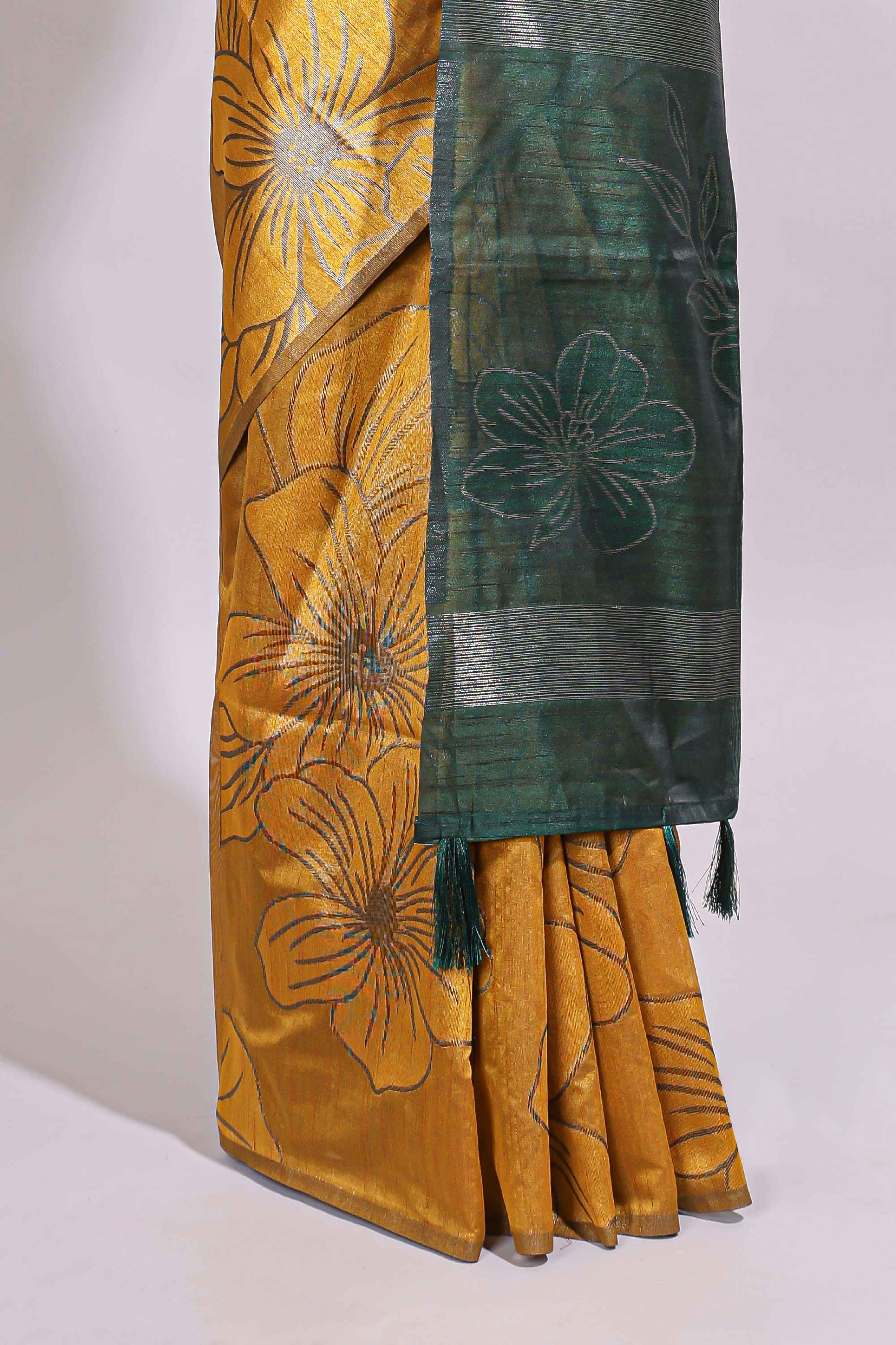 Borderless yellow floral design art tusser saree with contrast pallu and floral motifs blouse