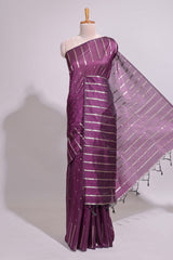 Purple zari butta art tusser saree with self border and striped blouse