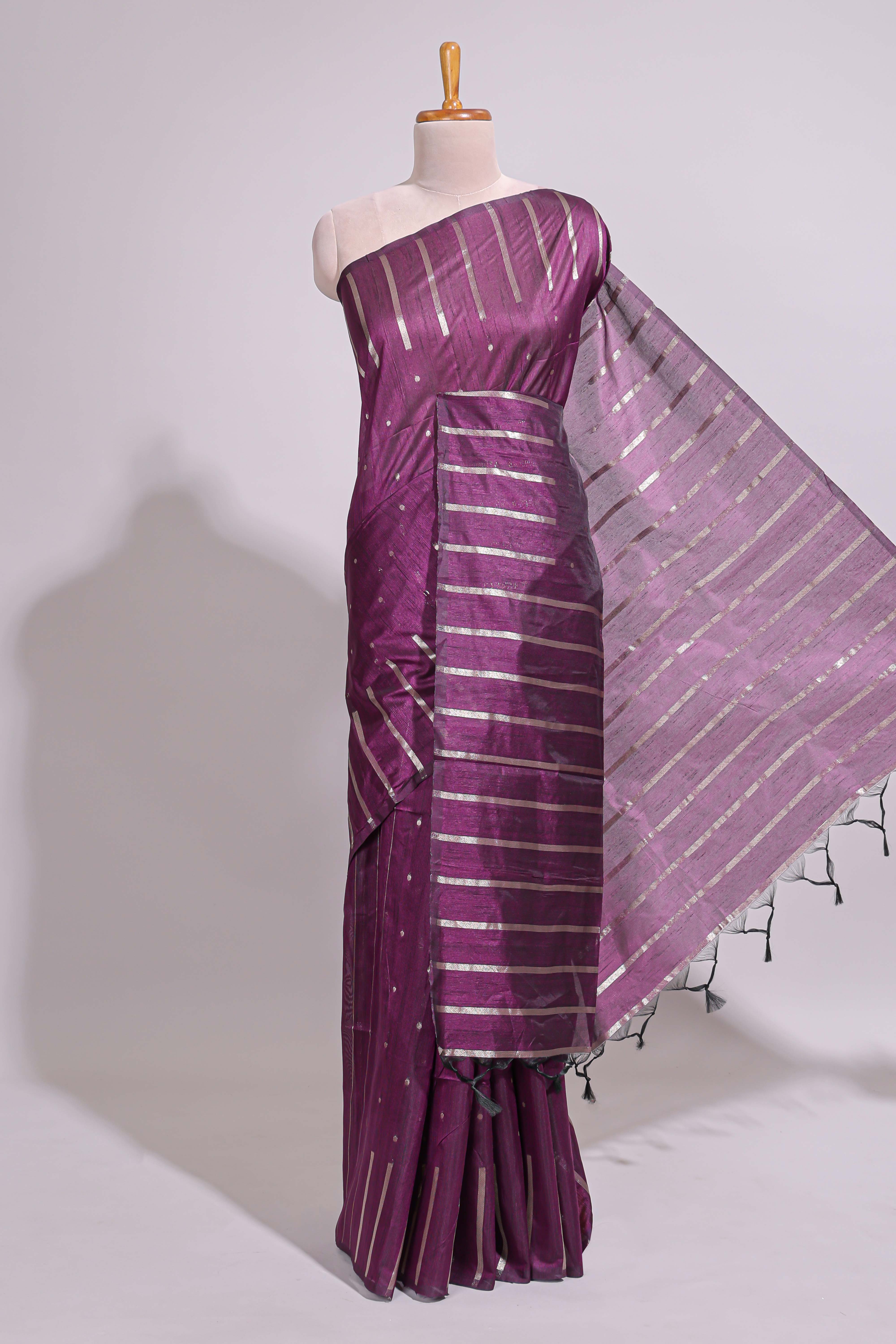 Purple zari butta art tusser saree with self border and striped blouse