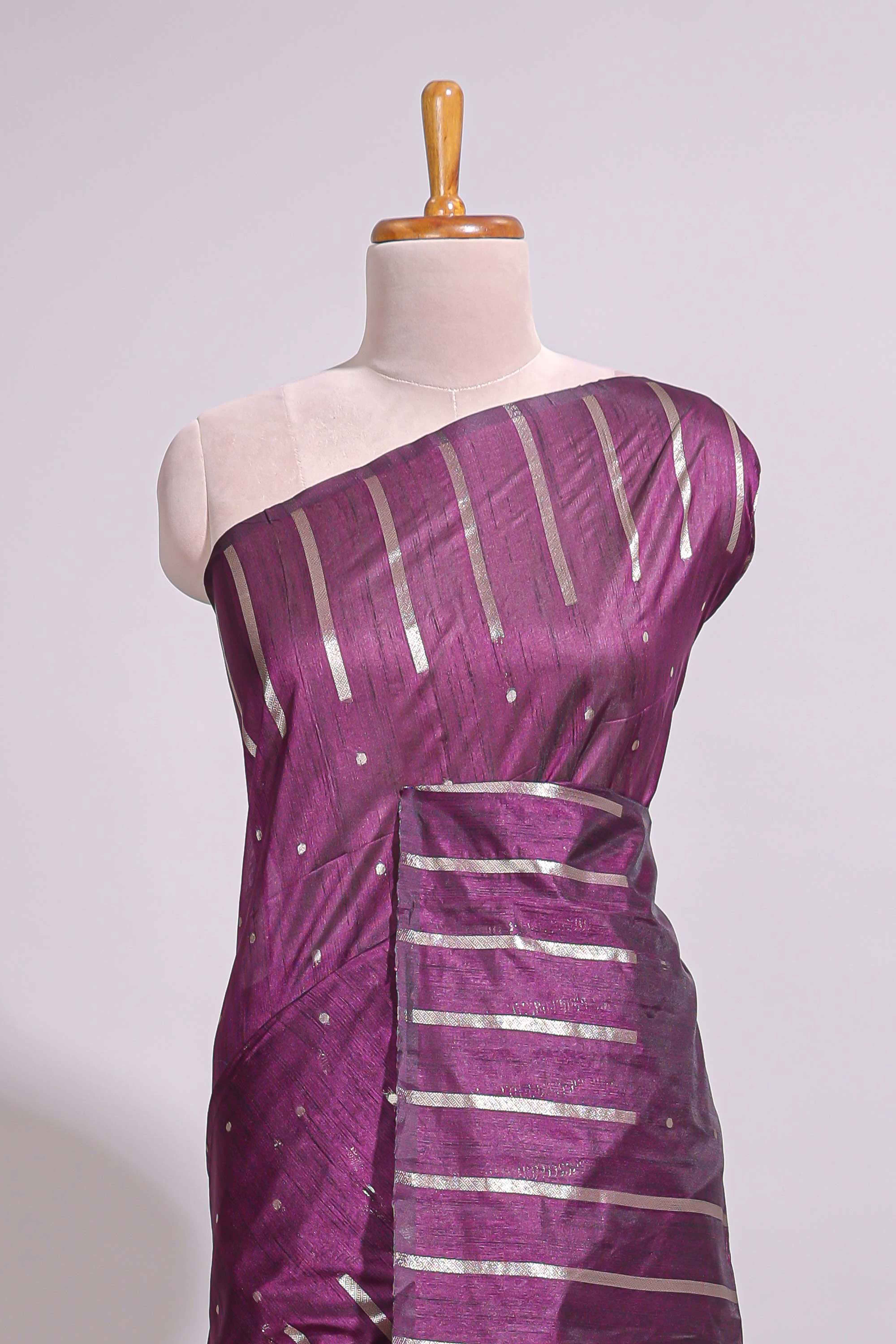 Purple zari butta art tusser saree with self border and striped blouse