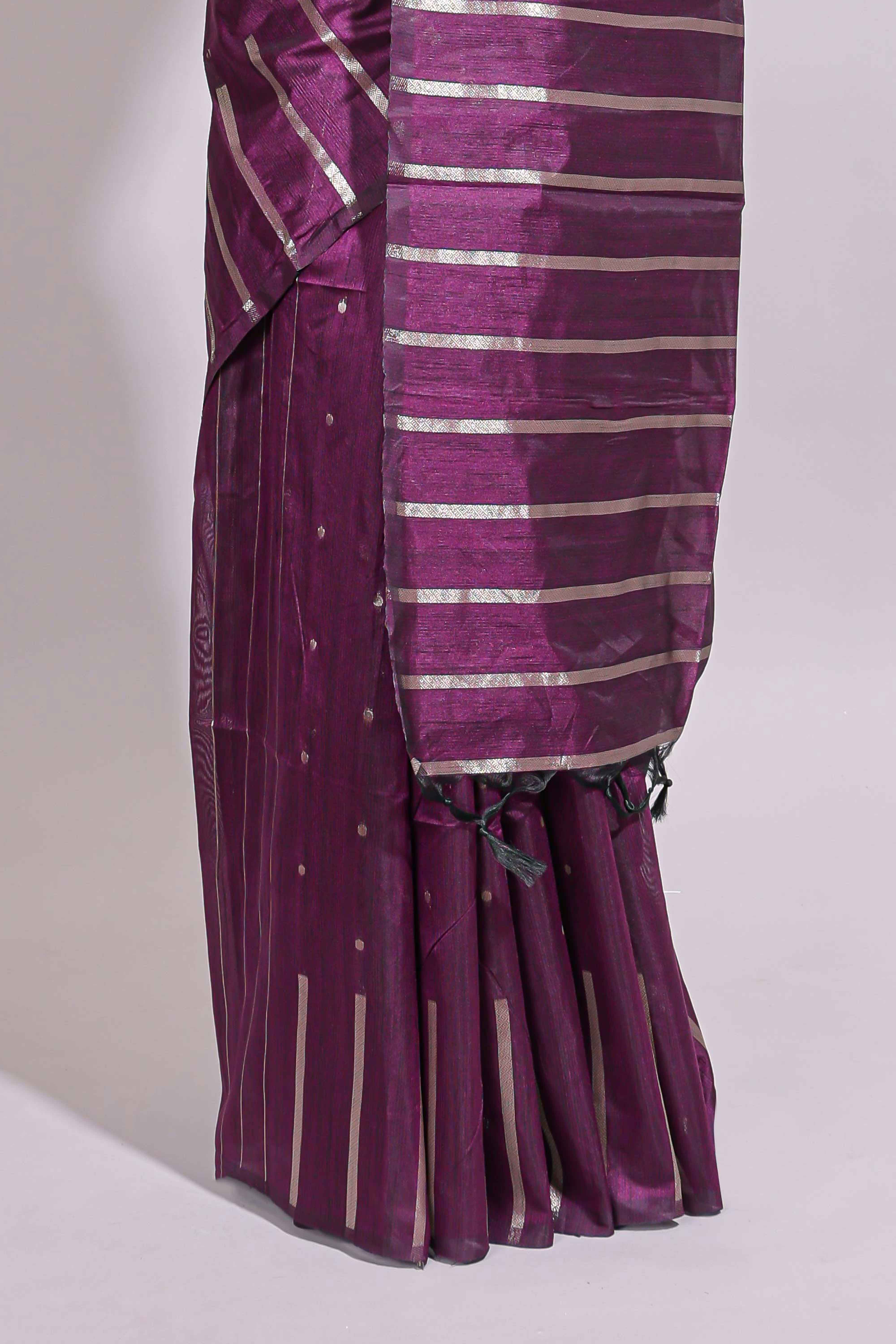Purple zari butta art tusser saree with self border and striped blouse