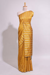 Mustard zari butta art tusser saree with self border and striped blouse