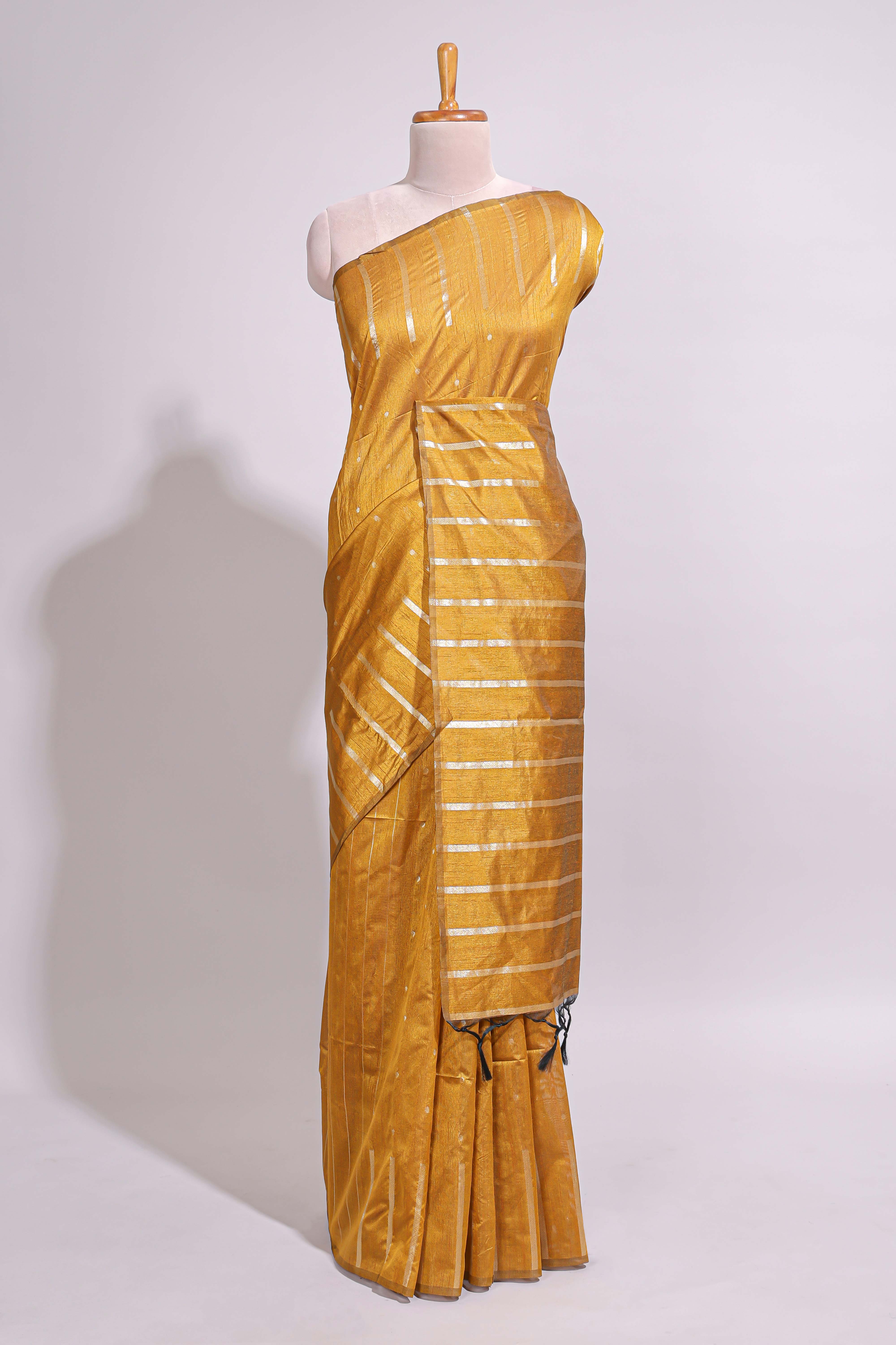 Mustard zari butta art tusser saree with self border and striped blouse