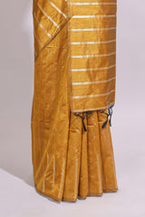 Mustard zari butta art tusser saree with self border and striped blouse
