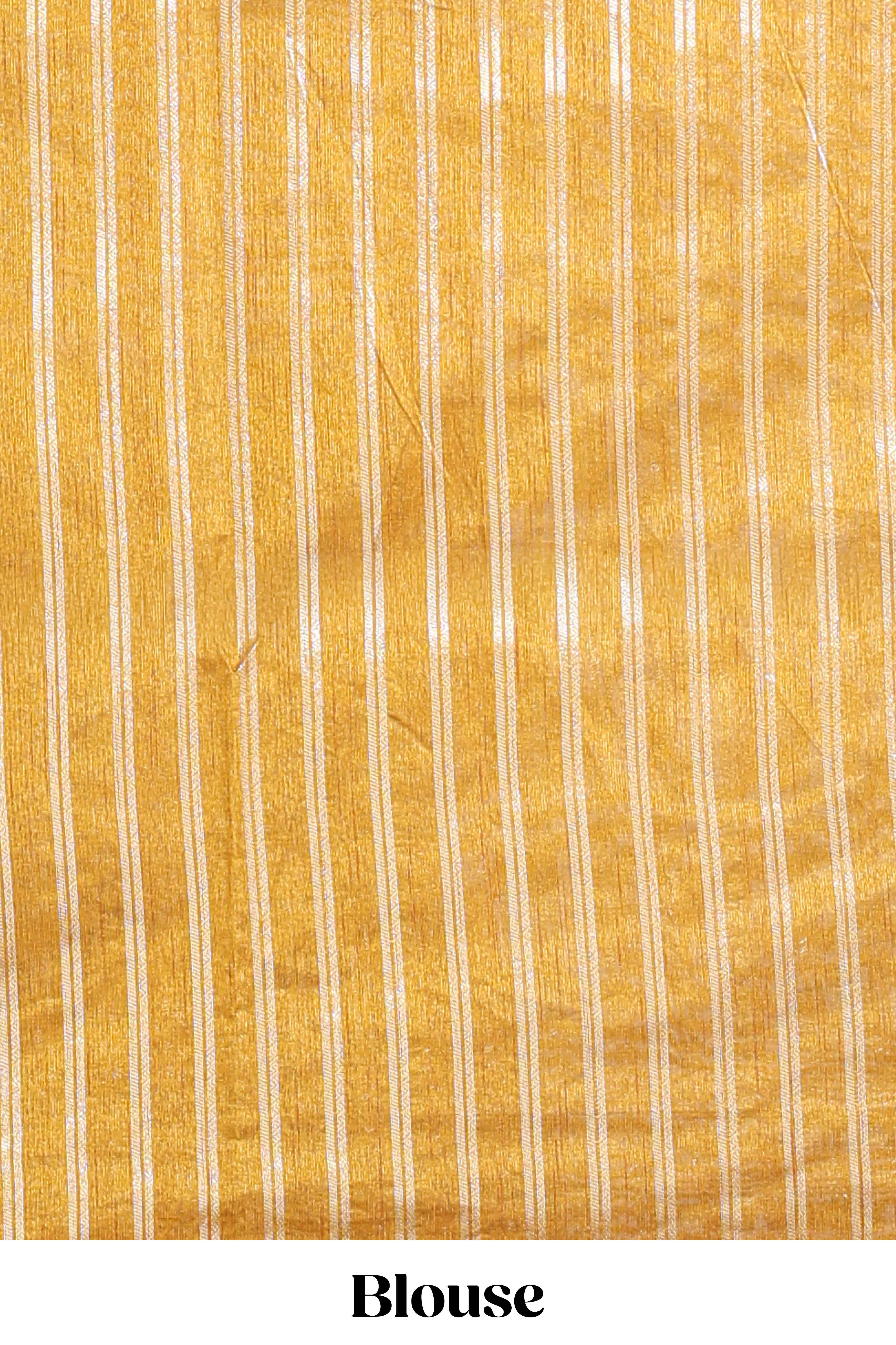 Mustard zari butta art tusser saree with self border and striped blouse