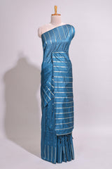 Blue zari butta art tusser saree with self border and striped blouse